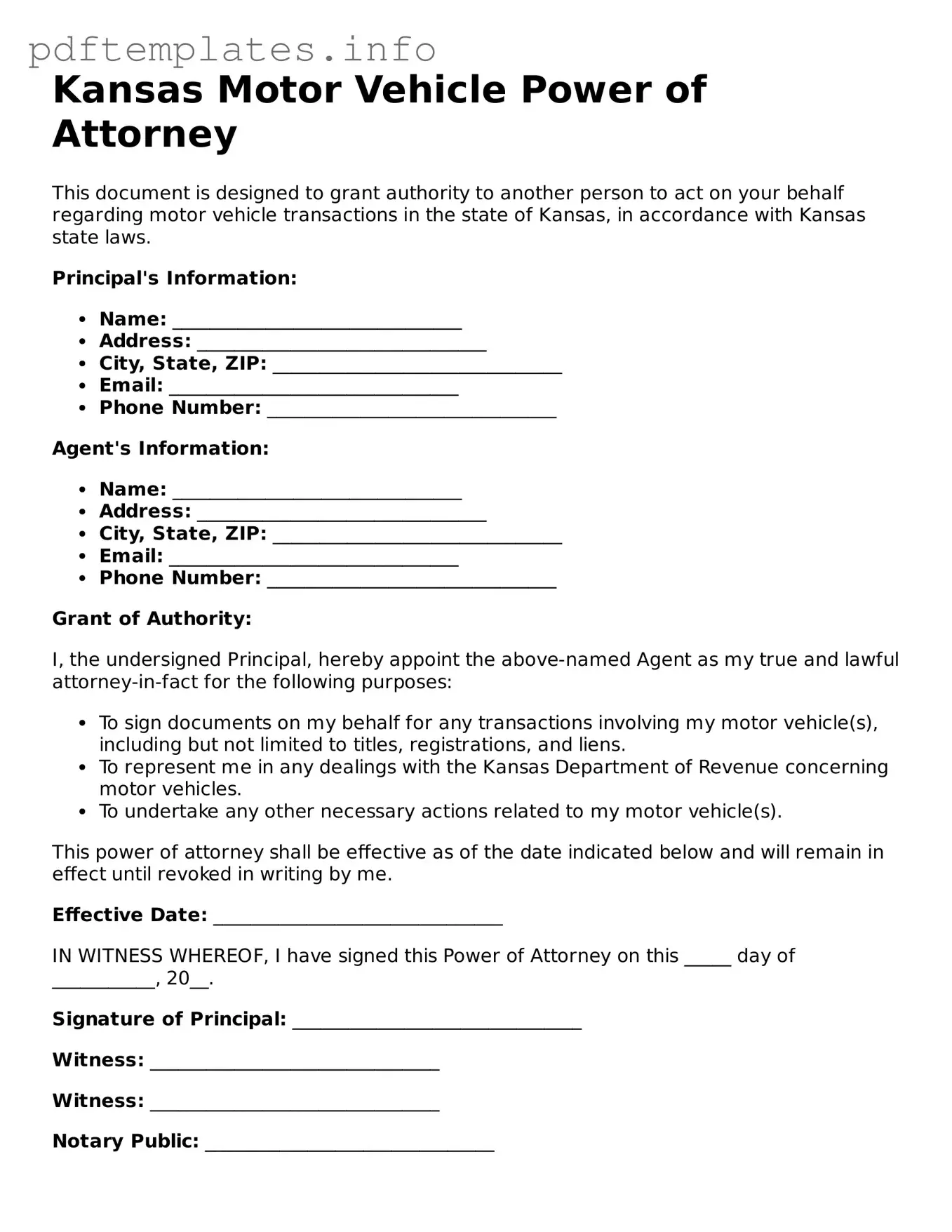 Blank Motor Vehicle Power of Attorney Form for Kansas State