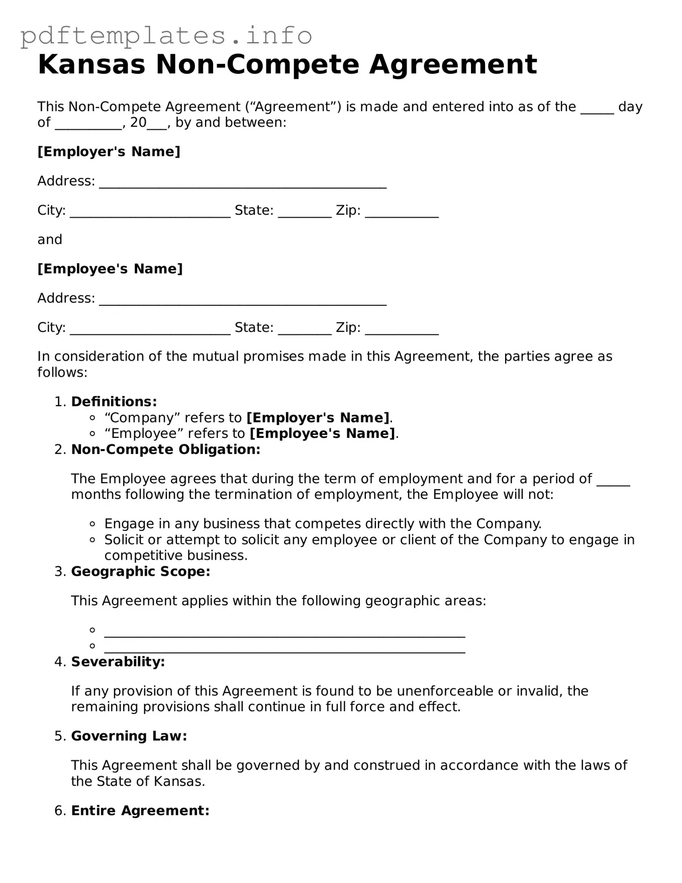 Blank Non-compete Agreement Form for Kansas State