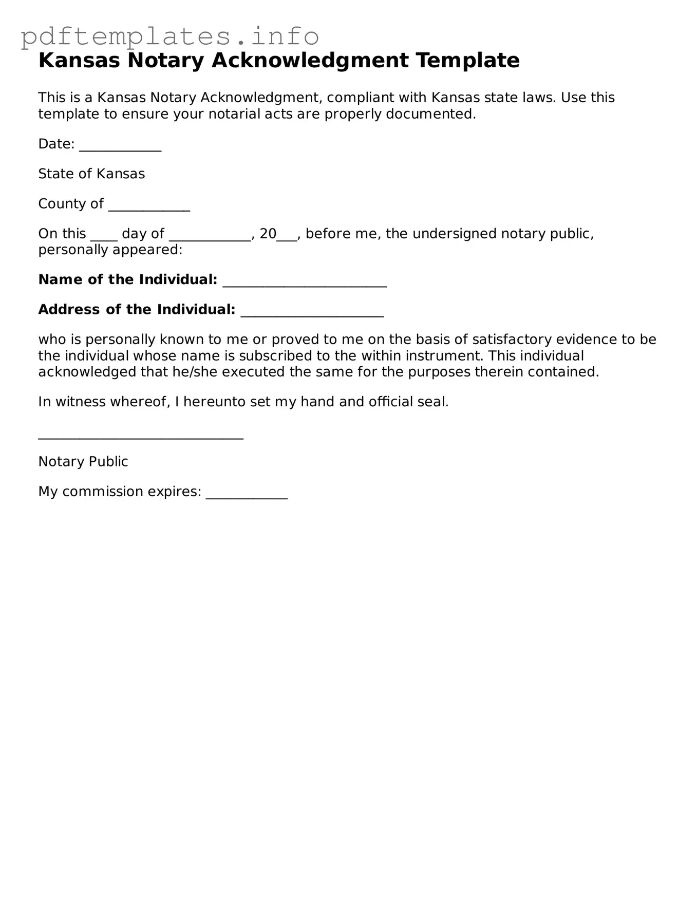 Blank Notary Acknowledgement Form for Kansas State