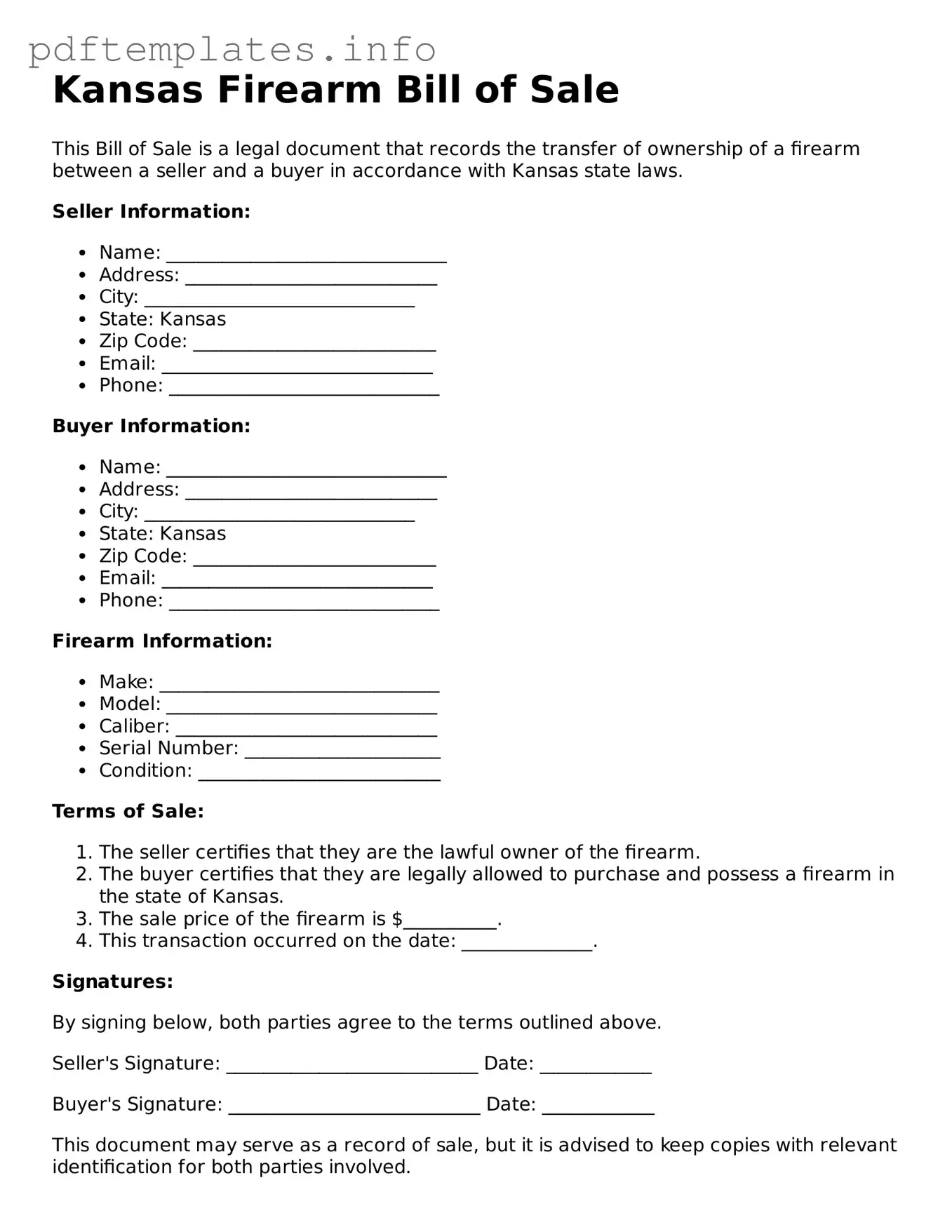 Blank Firearm Bill of Sale Form for Kansas State