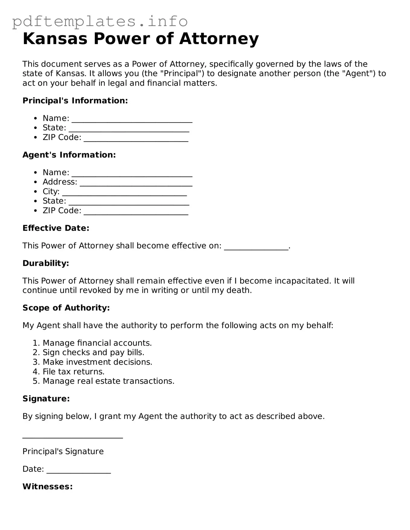 Blank Power of Attorney Form for Kansas State