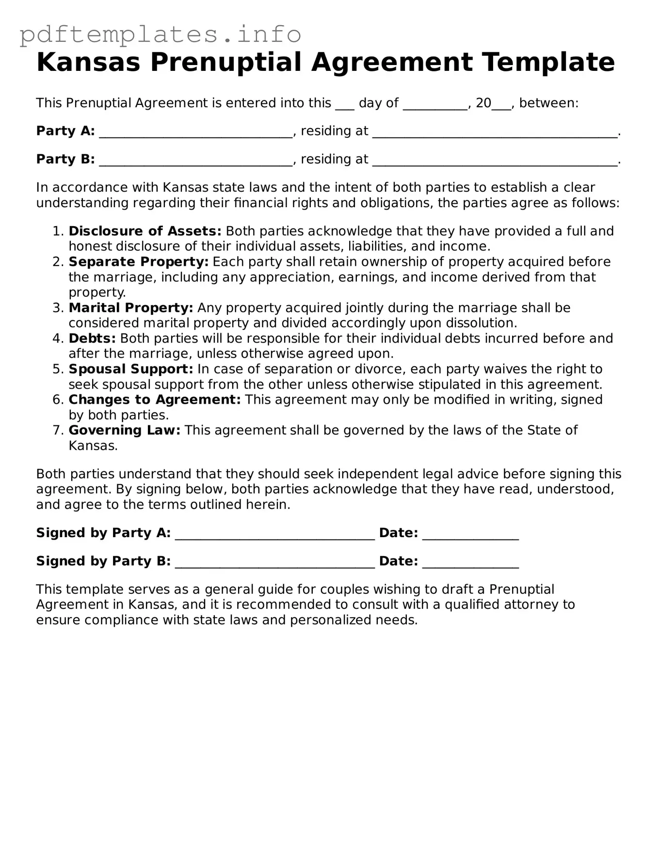 Blank Prenuptial Agreement Form for Kansas State