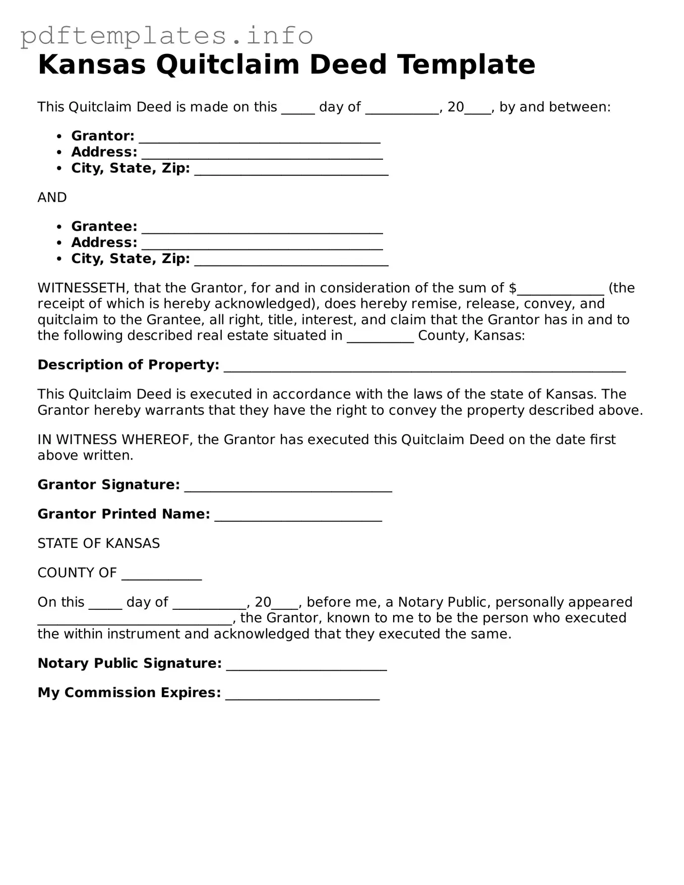 Blank Quitclaim Deed Form for Kansas State