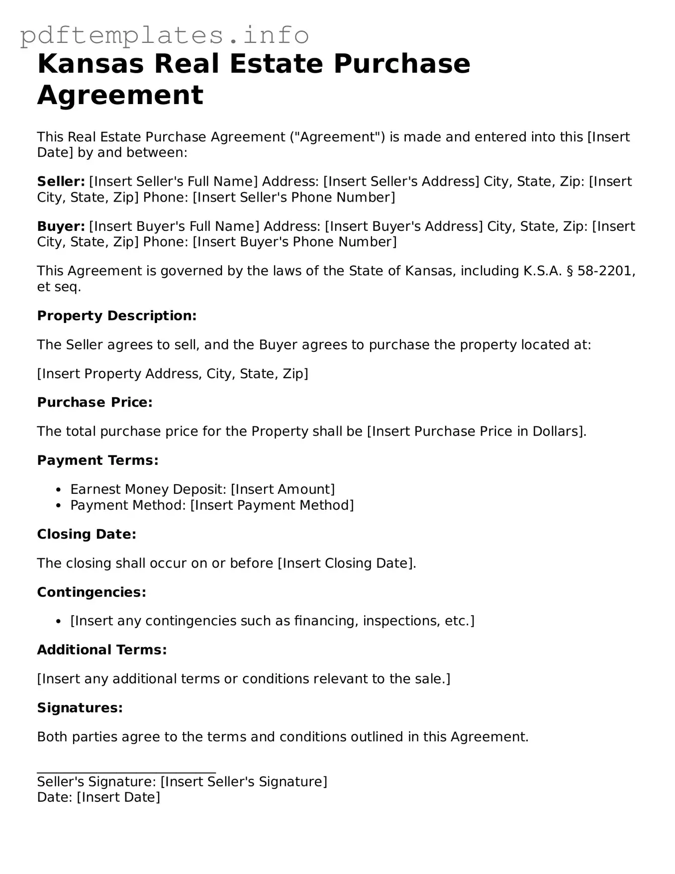 Blank Real Estate Purchase Agreement Form for Kansas State