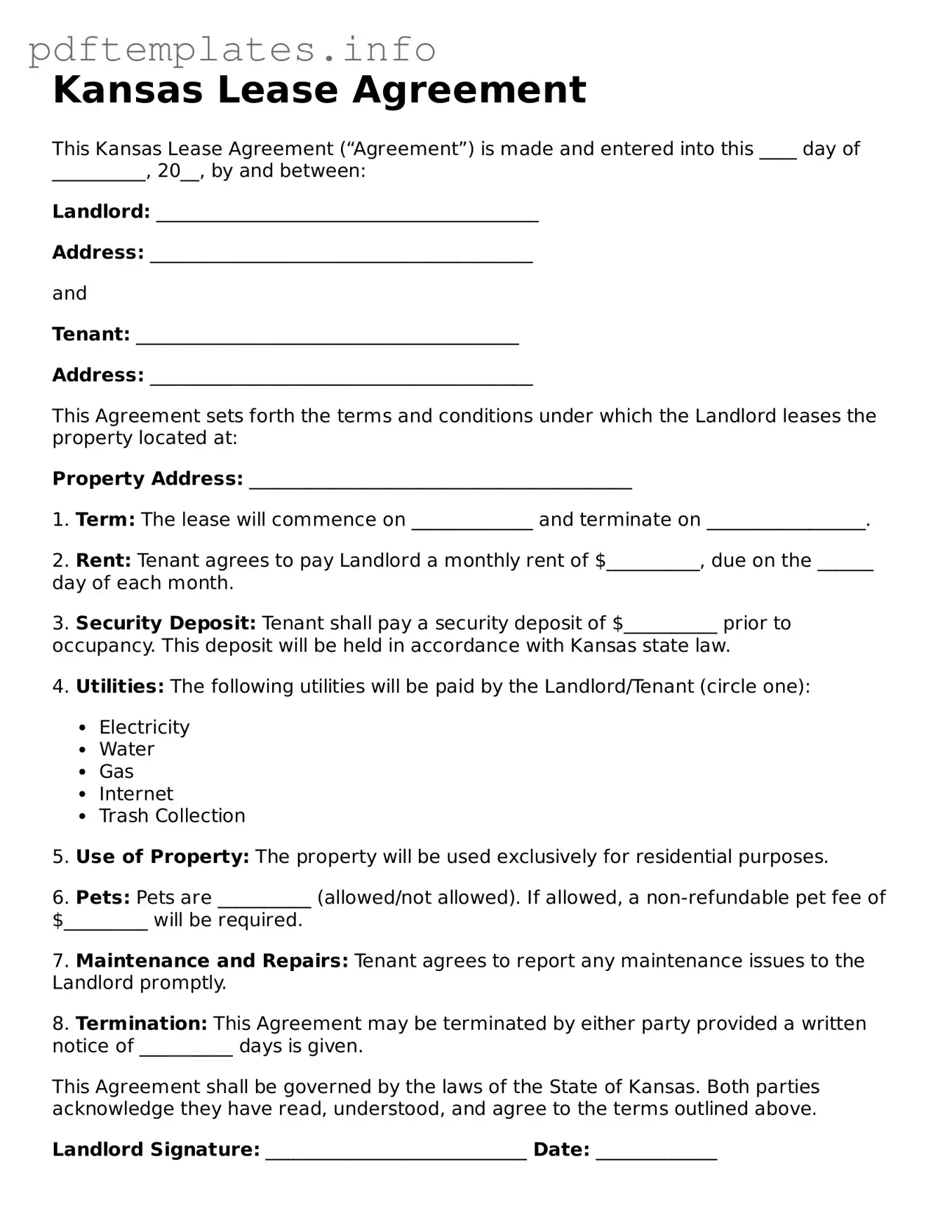 Blank Lease Agreement Form for Kansas State