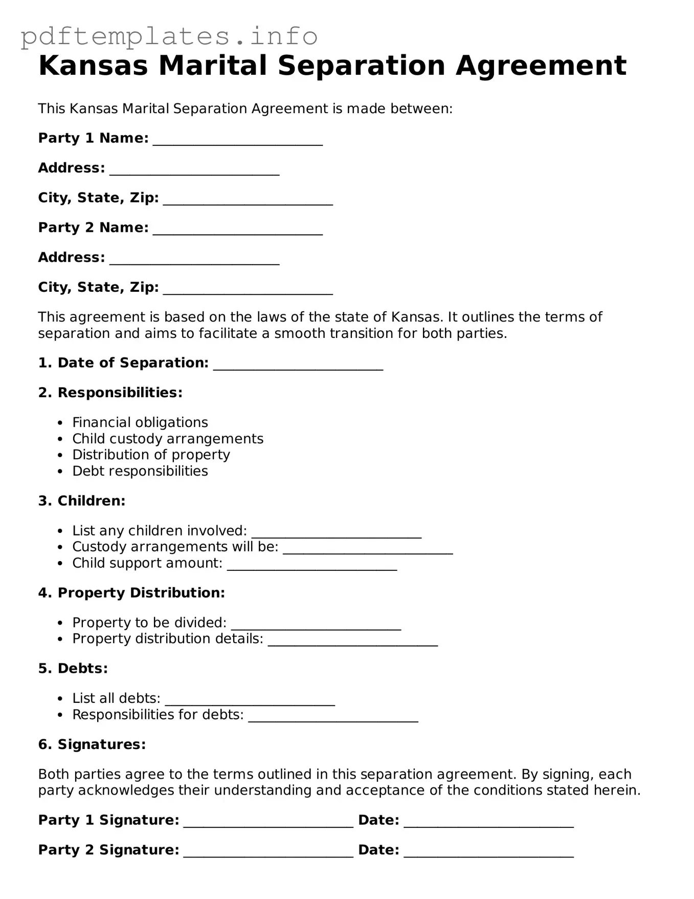 Blank Marital Separation Agreement Form for Kansas State