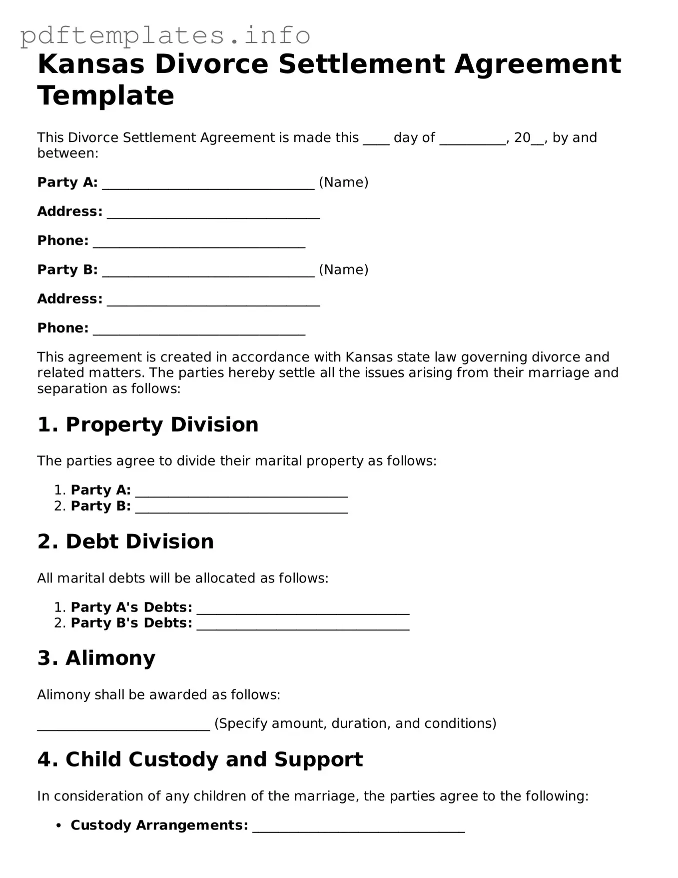 Blank Divorce Settlement Agreement Form for Kansas State