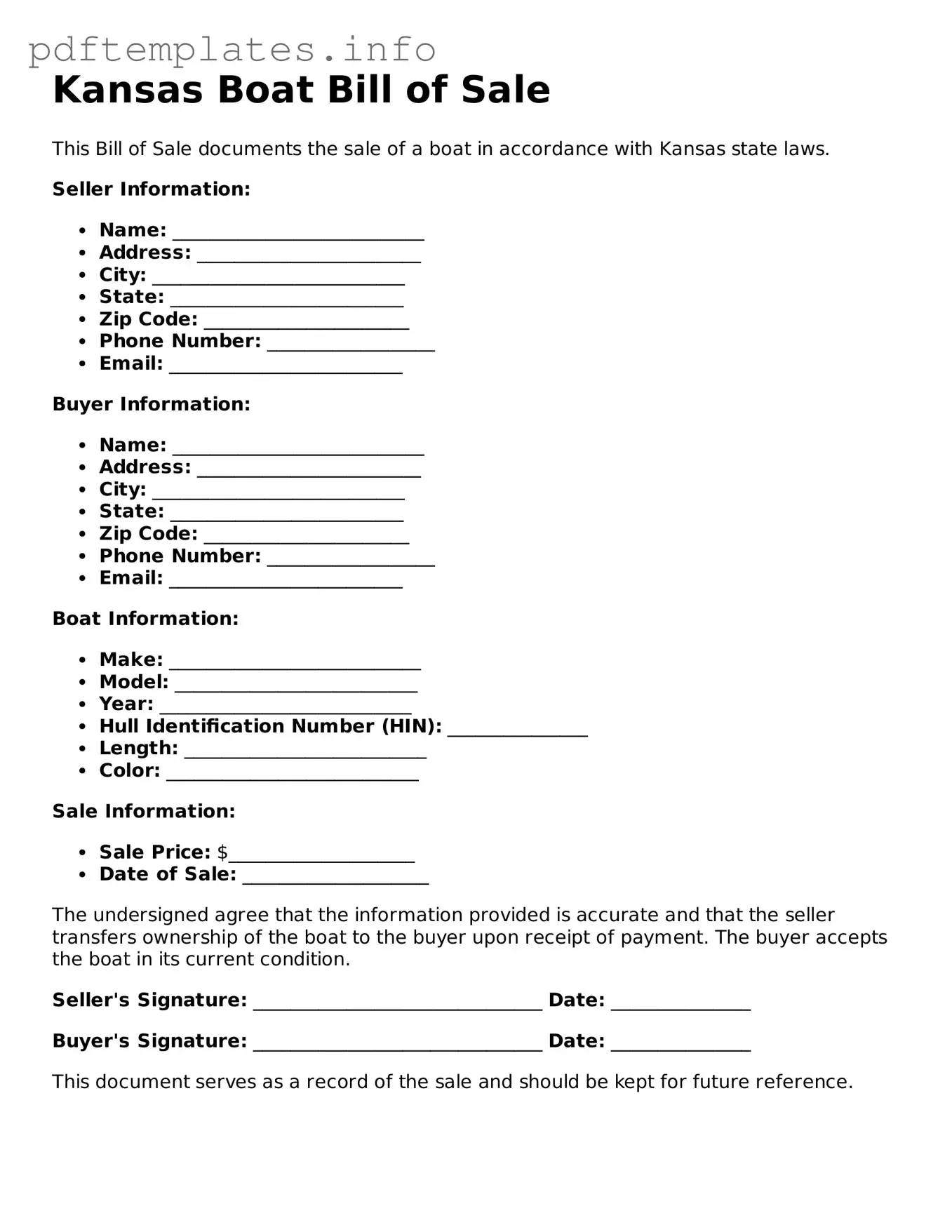 Blank Boat Bill of Sale Form for Kansas State