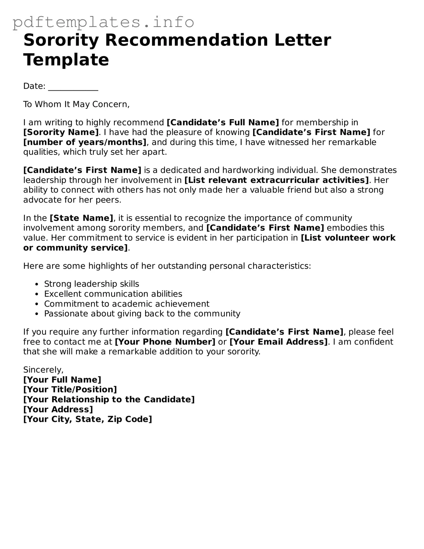 Printable Sorority Recommendation Letter Form