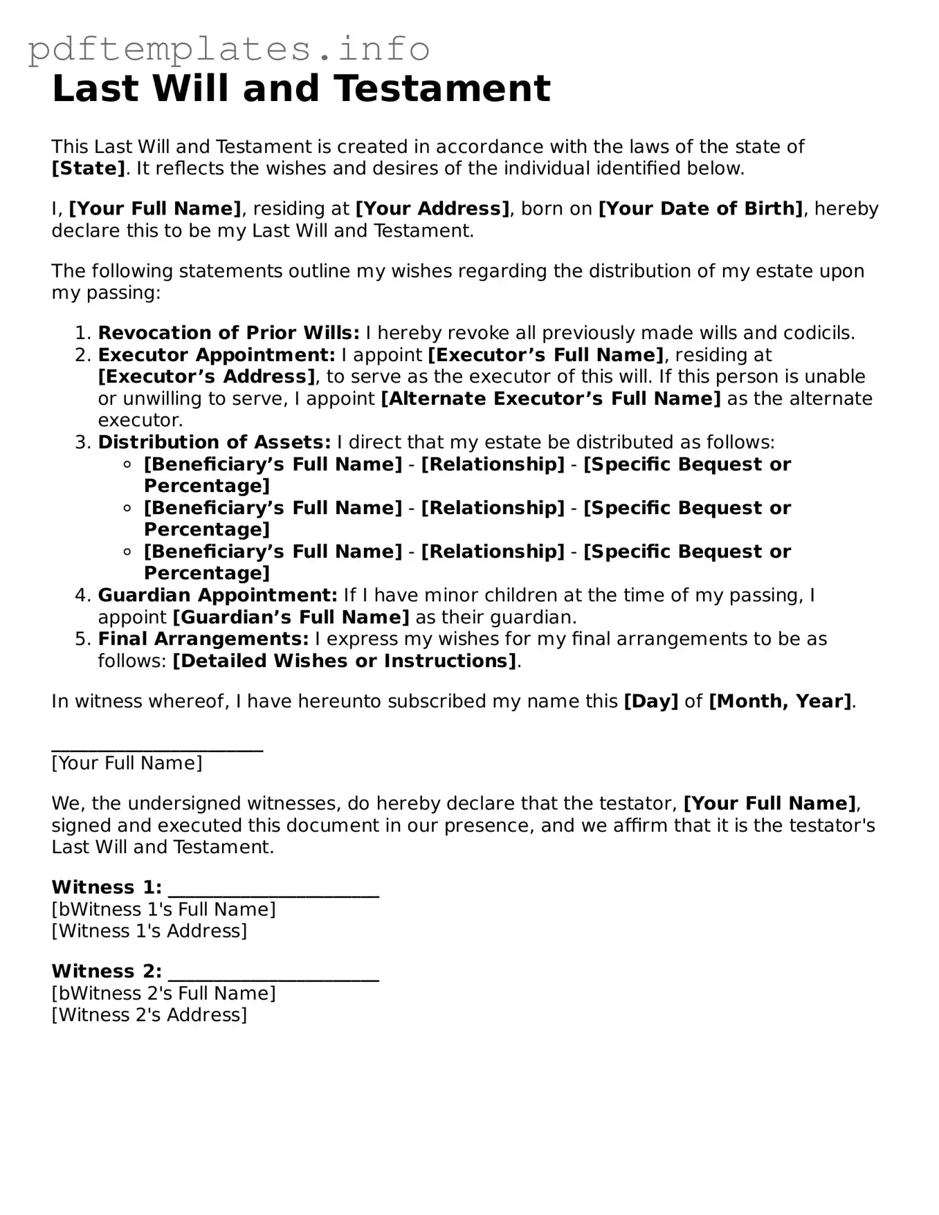 Printable Last Will and Testament Form