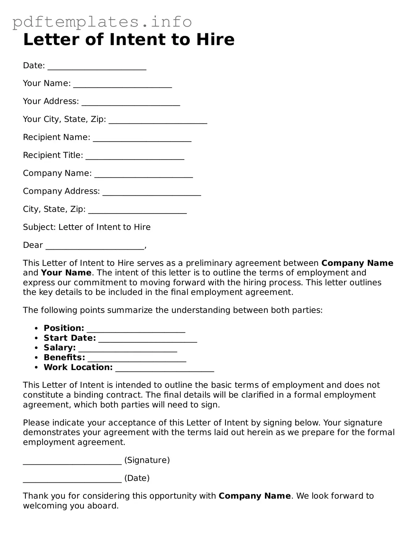 Printable Letter of Intent to Hire Form