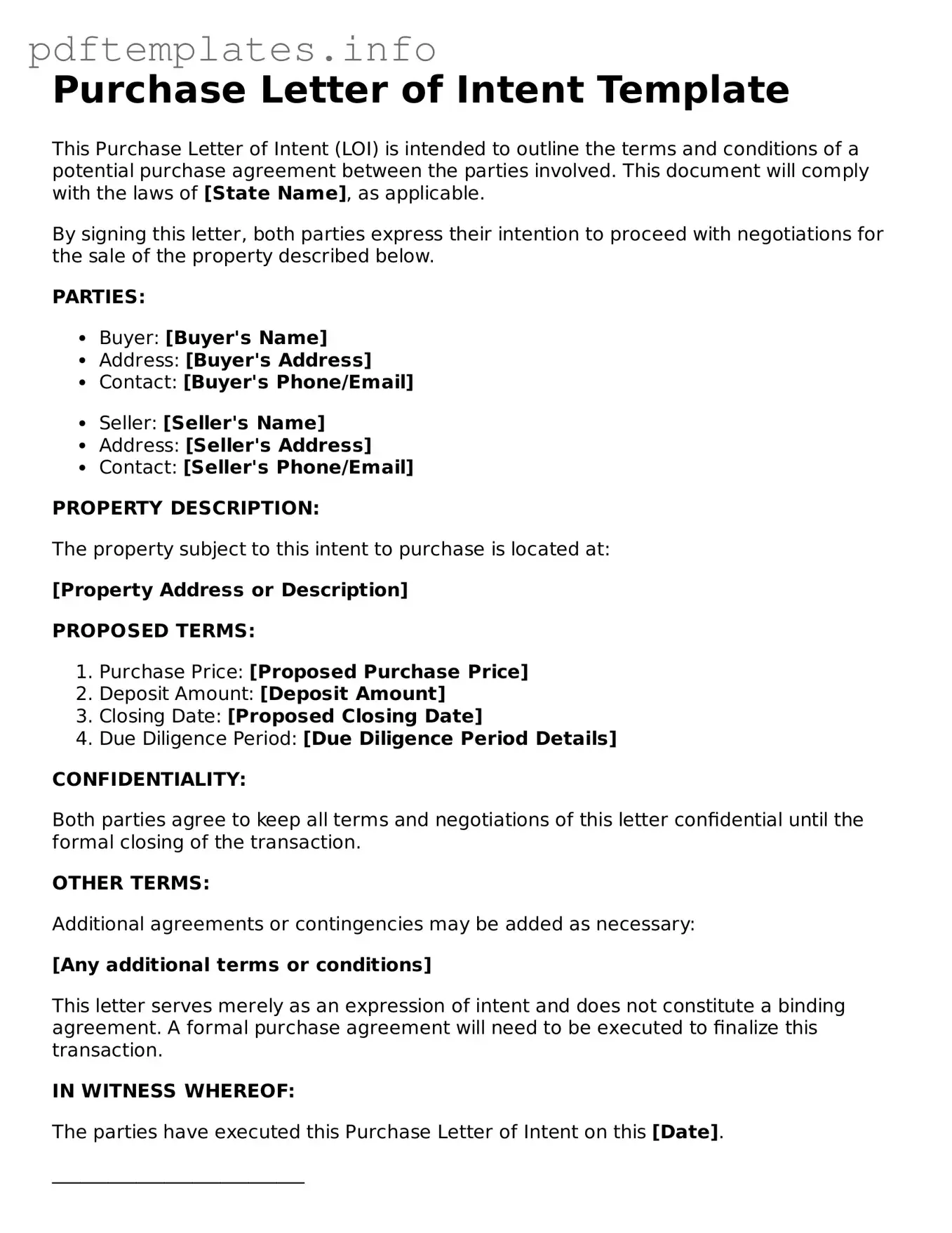 Printable Purchase Letter of Intent Form