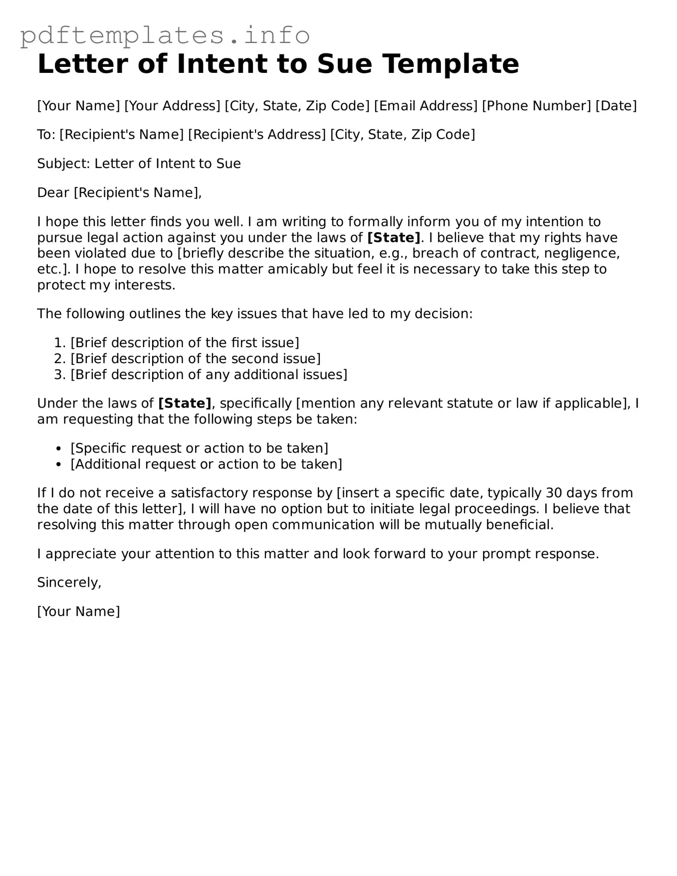 Printable Letter of Intent to Sue Form