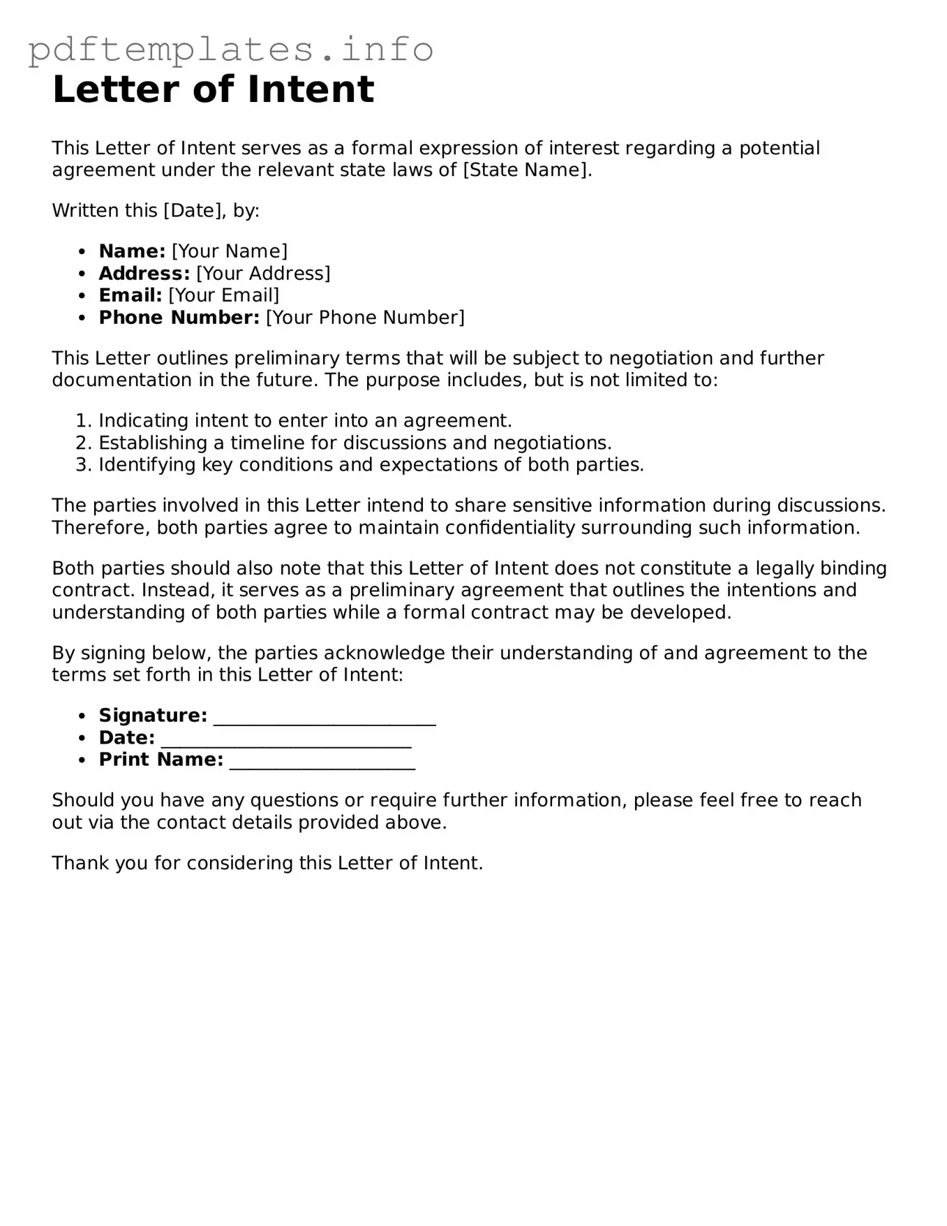 Printable Letter of Intent Form
