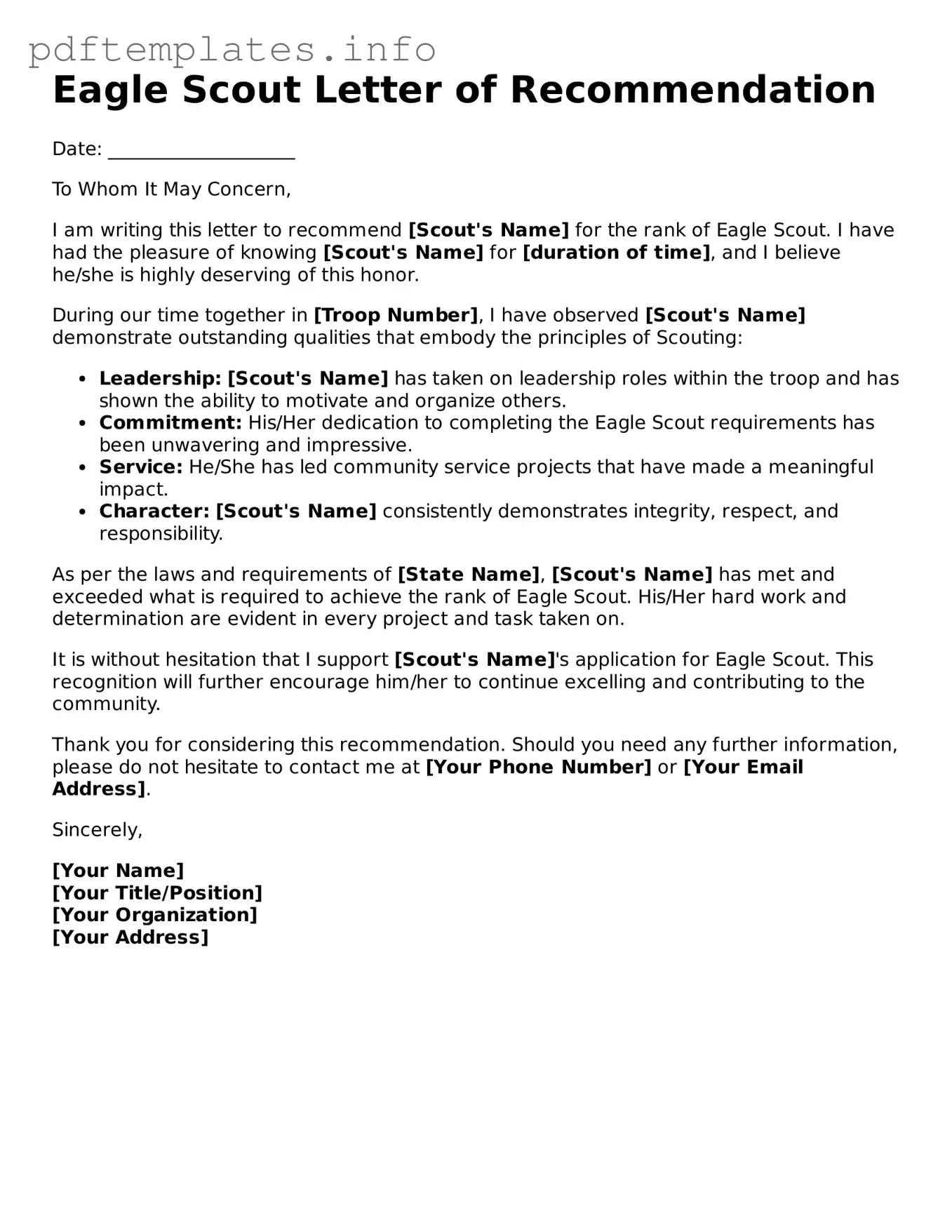 Printable Eagle Scout Letter of Recommendation Form