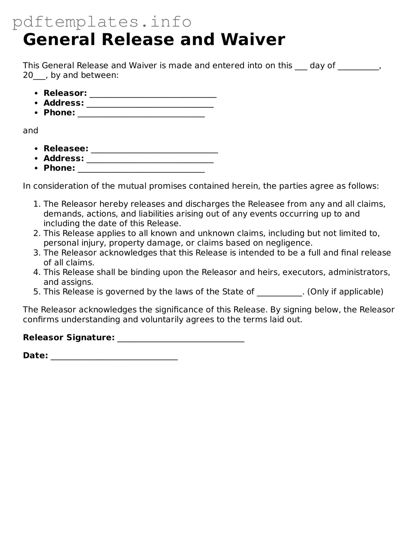 Printable General Release and Waiver Form