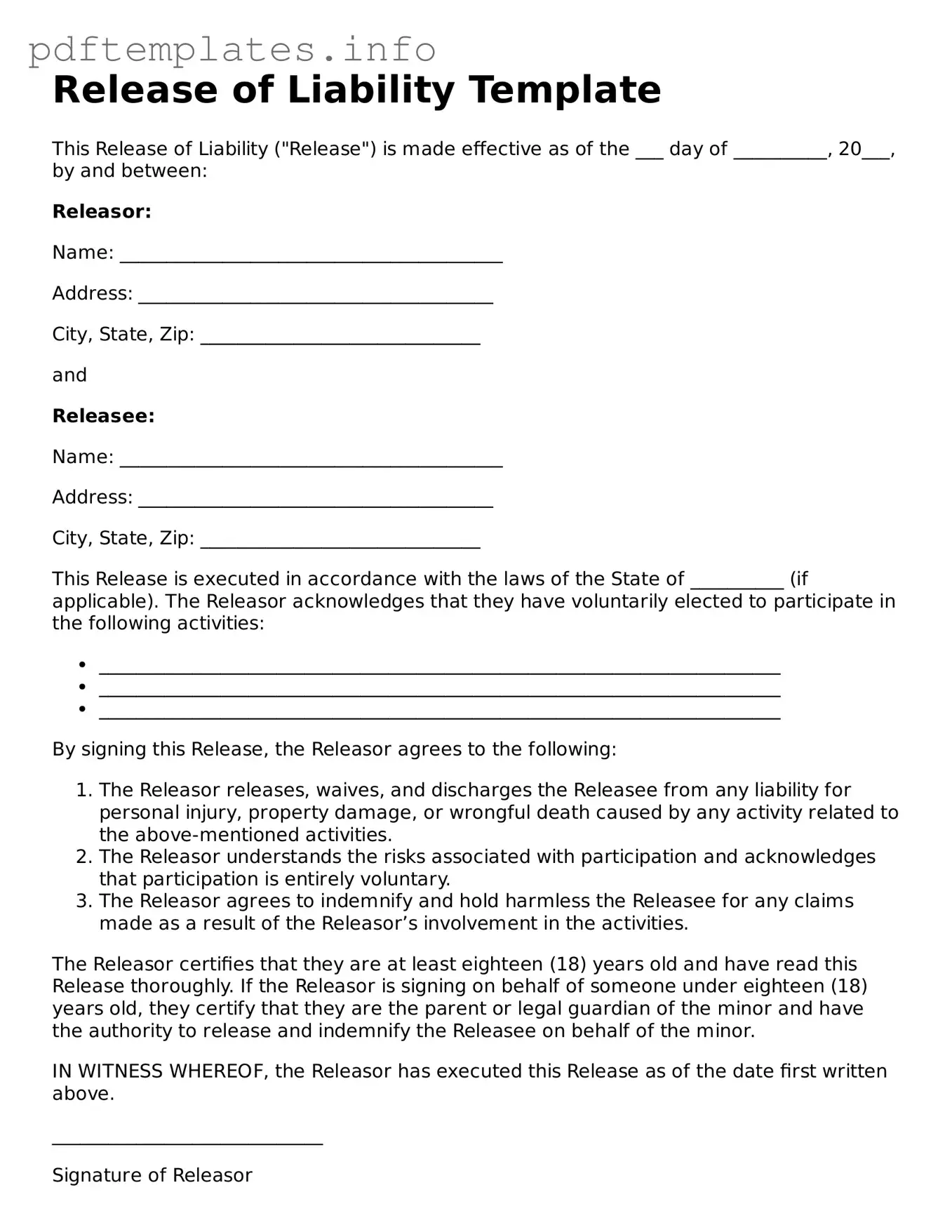 Printable Release of Liability Form