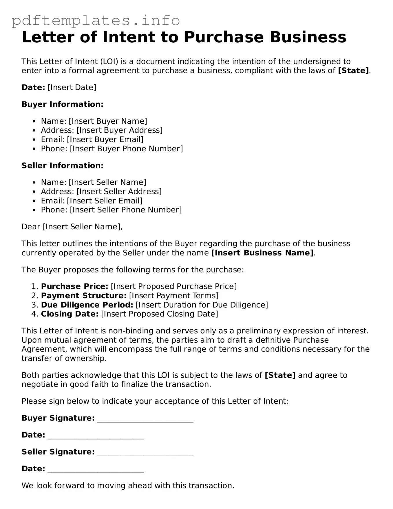 Printable Letter of Intent to Purchase Business Form