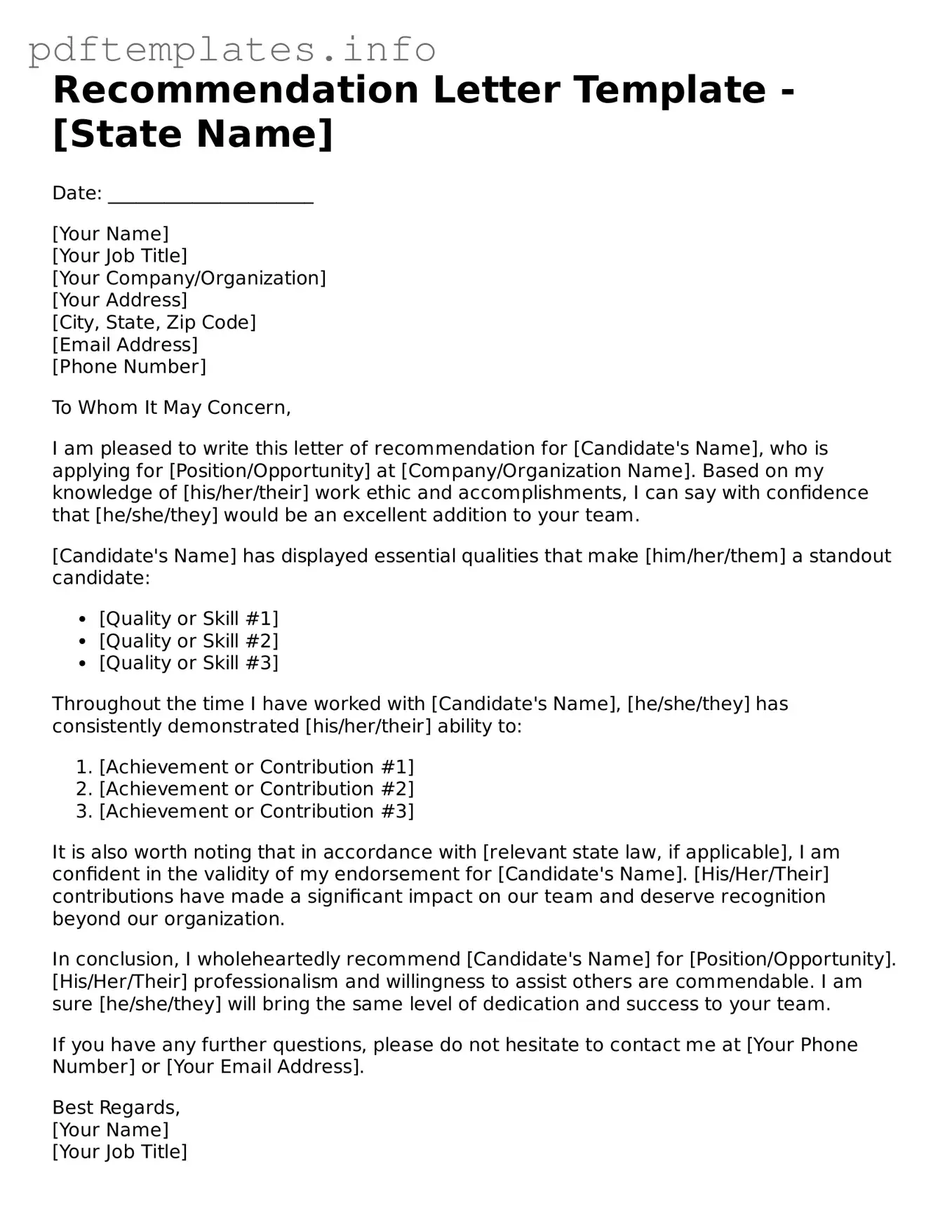 Printable Recommendation Letter Form