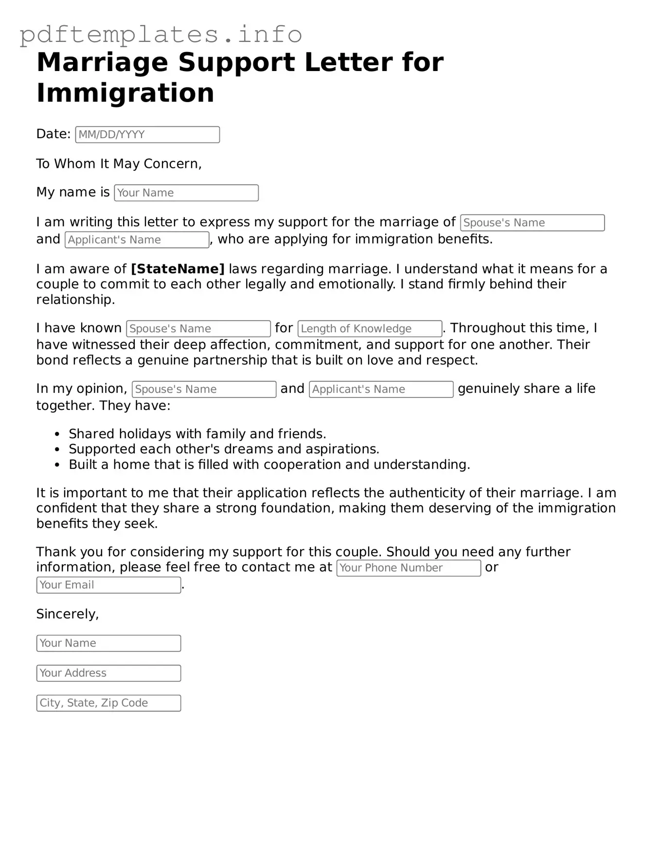 Printable Marriage Support Letter for Immigration Form