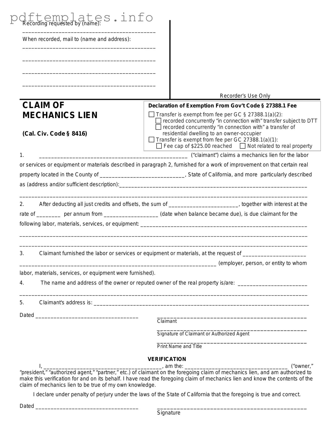 Fill Out a Valid Mechanics Lien California Form