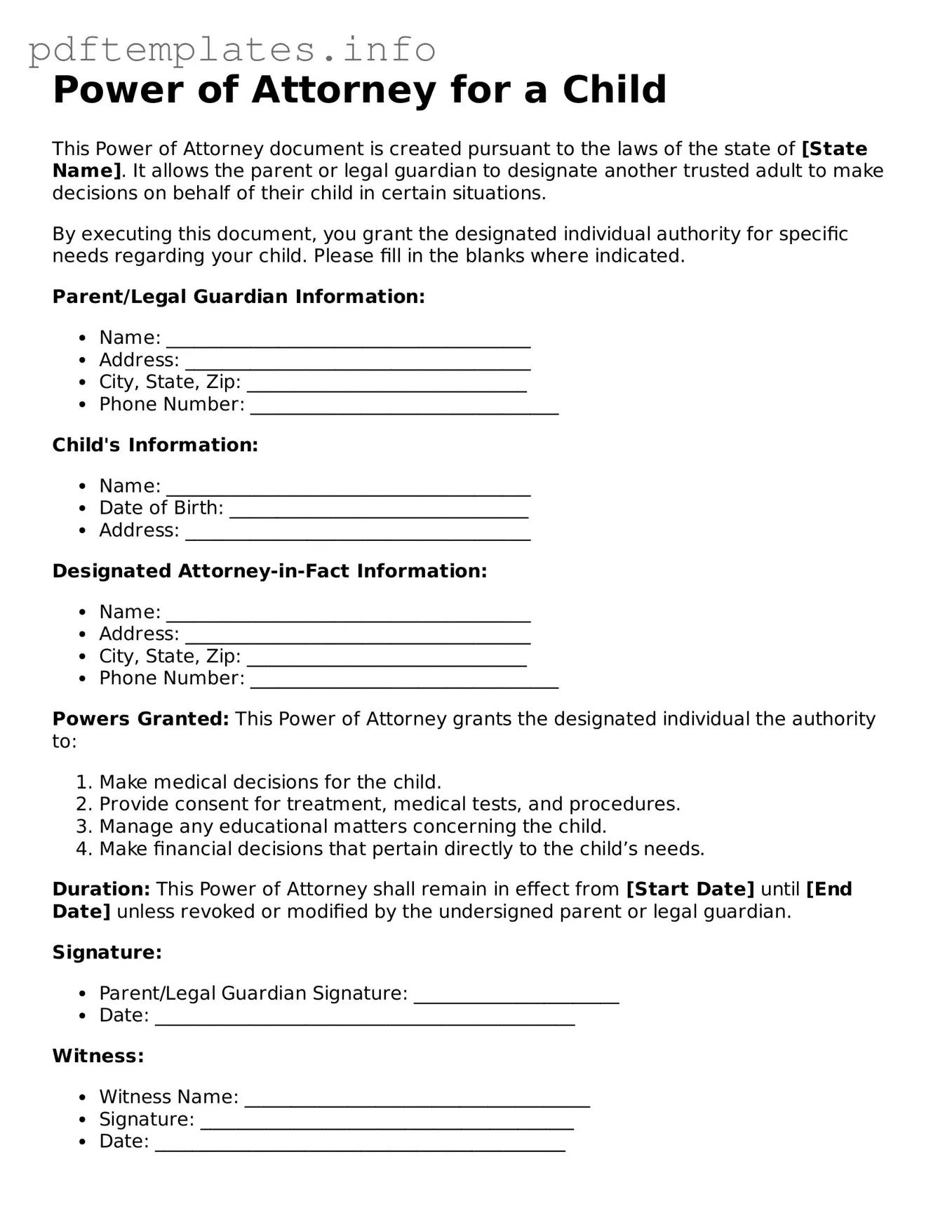 Printable Power of Attorney for a Child Form