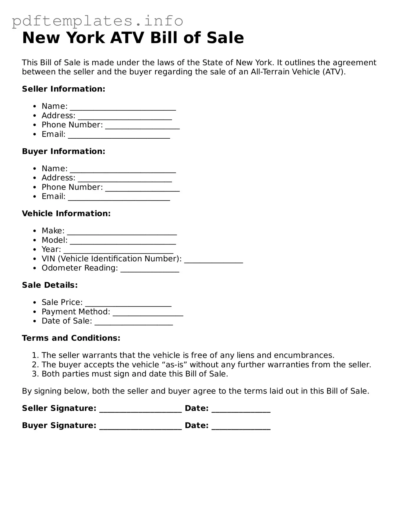 Blank ATV Bill of Sale Form for New York State