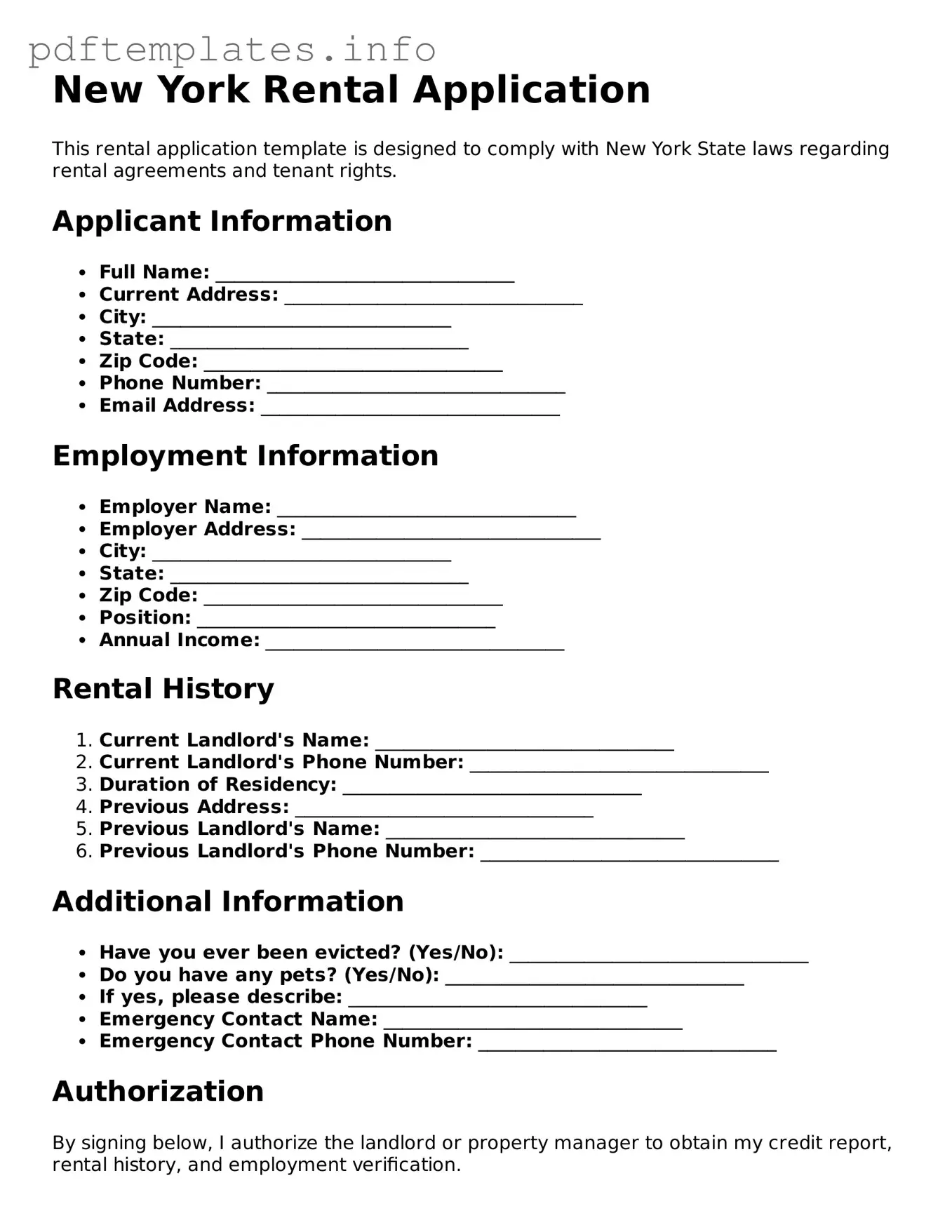 Blank Rental Application Form for New York State