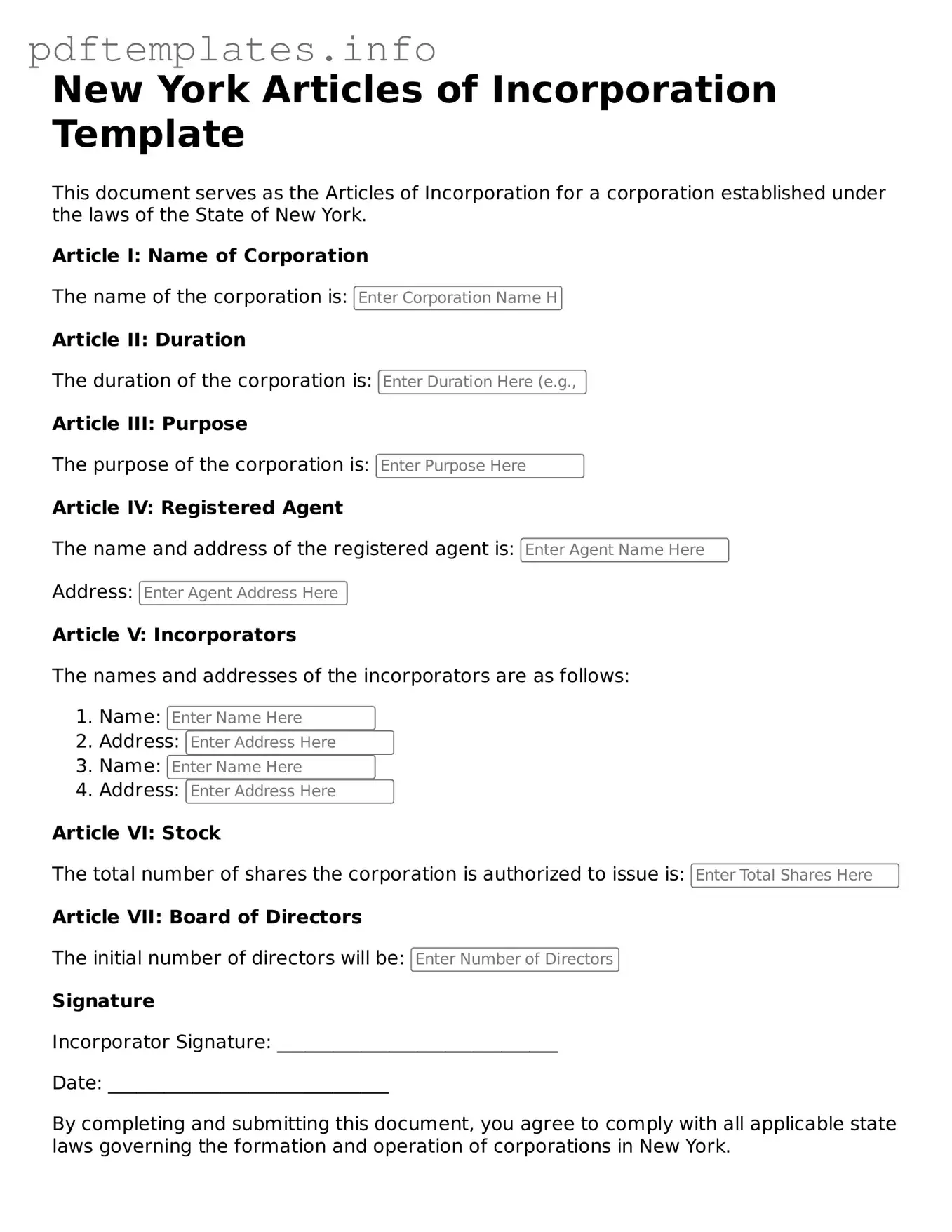 Blank Articles of Incorporation Form for New York State