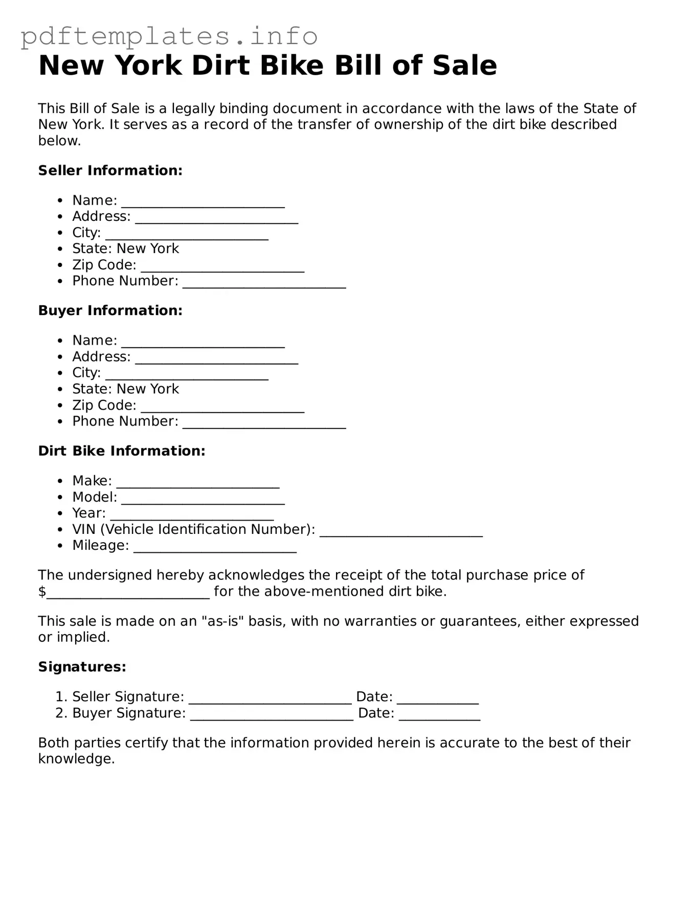 Blank Dirt Bike Bill of Sale Form for New York State