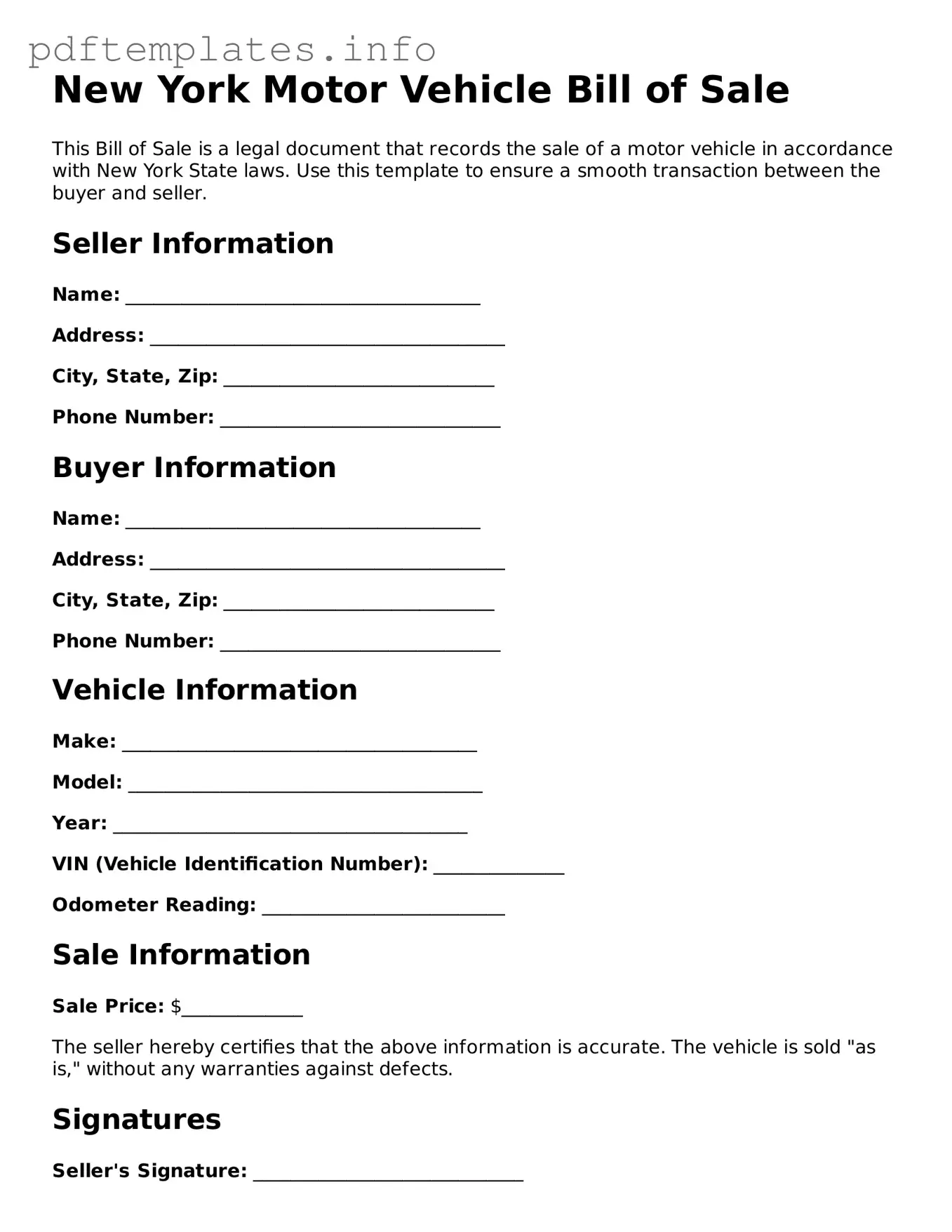 Blank Motor Vehicle Bill of Sale Form for New York State