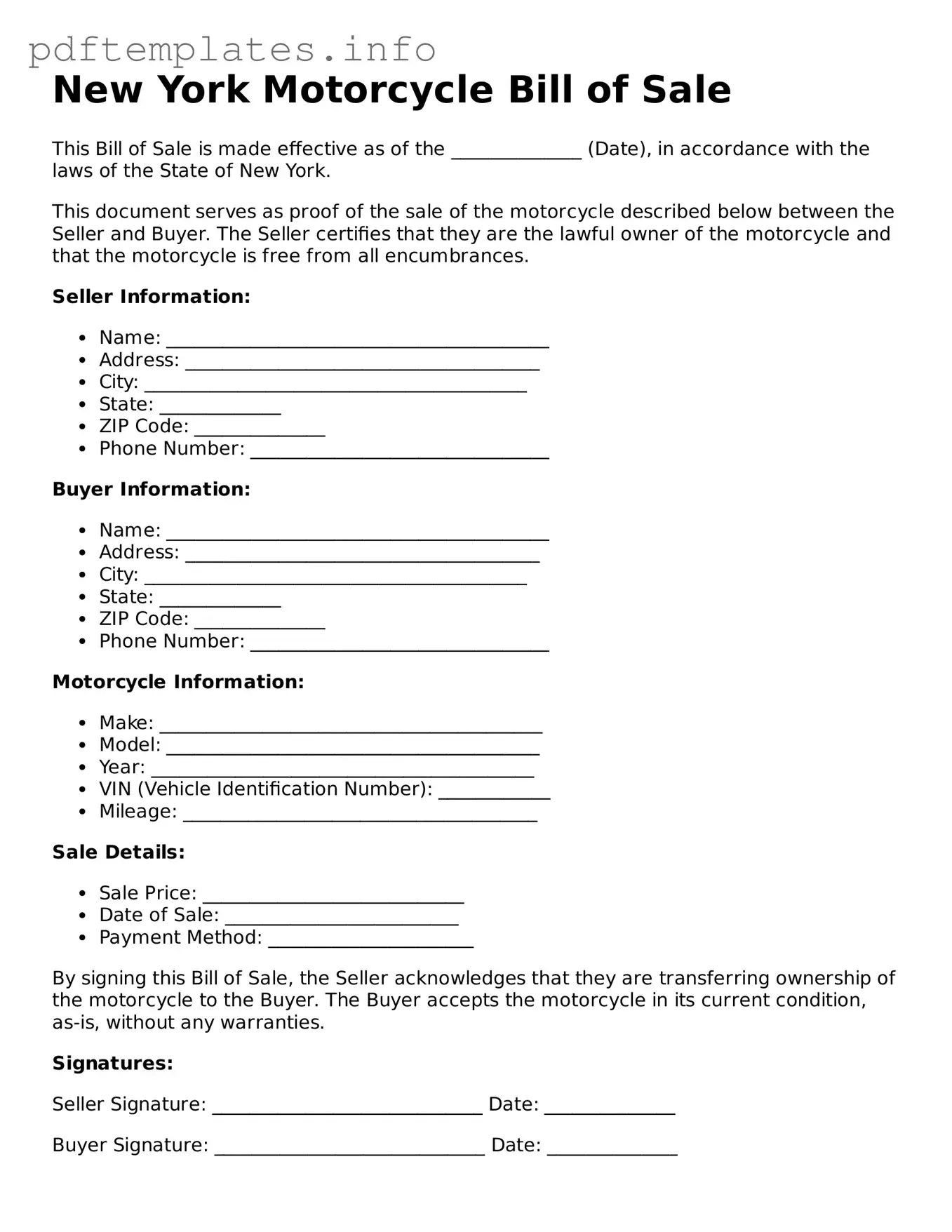 Blank Motorcycle Bill of Sale Form for New York State