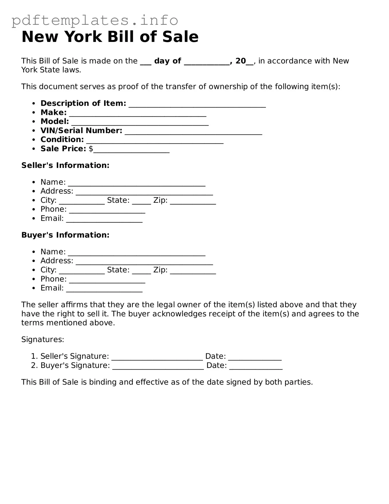 Blank Bill of Sale Form for New York State