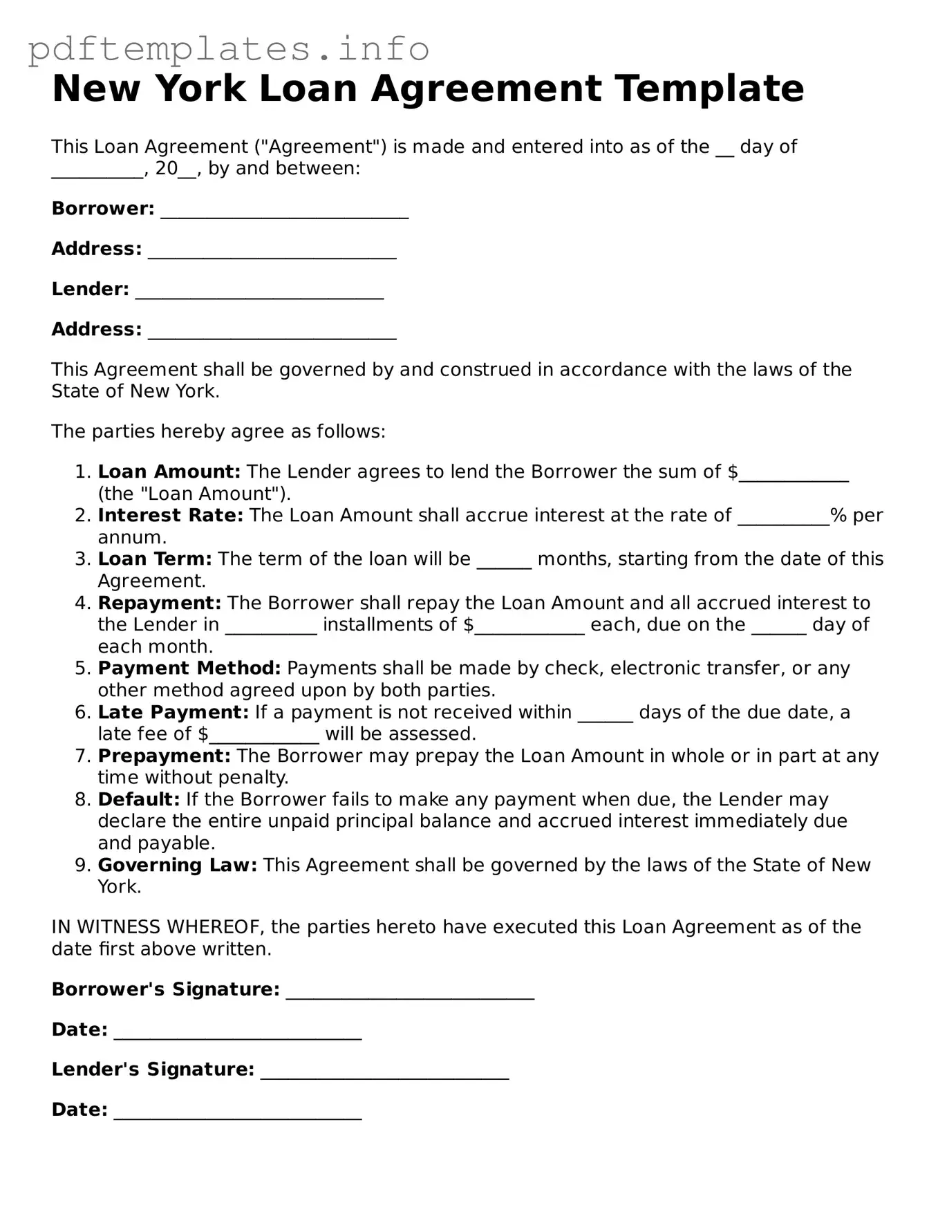 Blank Loan Agreement Form for New York State