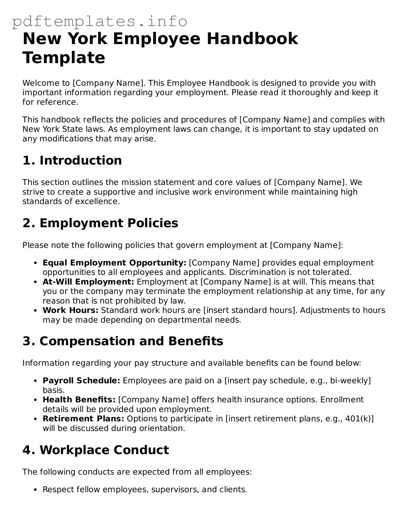 Blank Employee Handbook Form for New York State