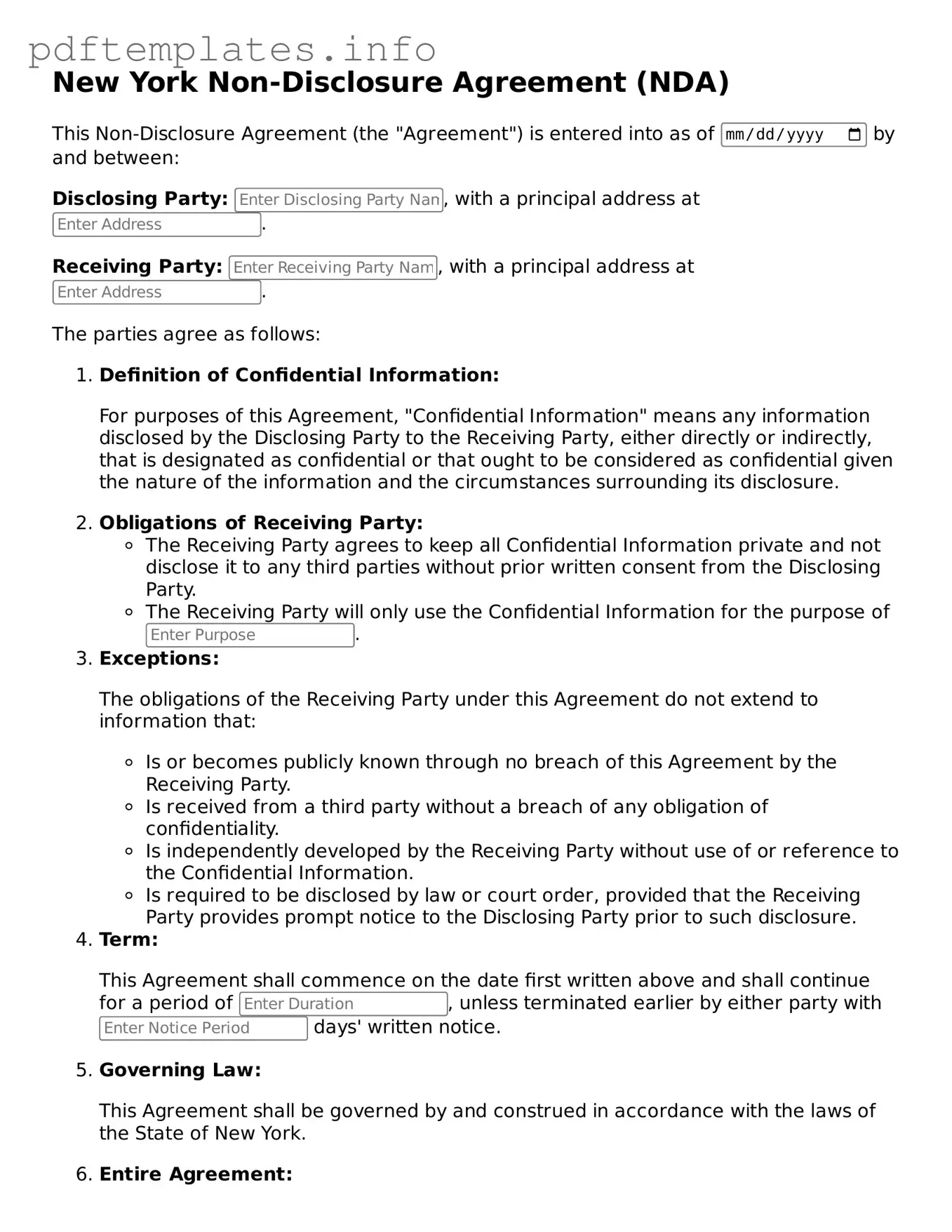 Blank Non-disclosure Agreement Form for New York State