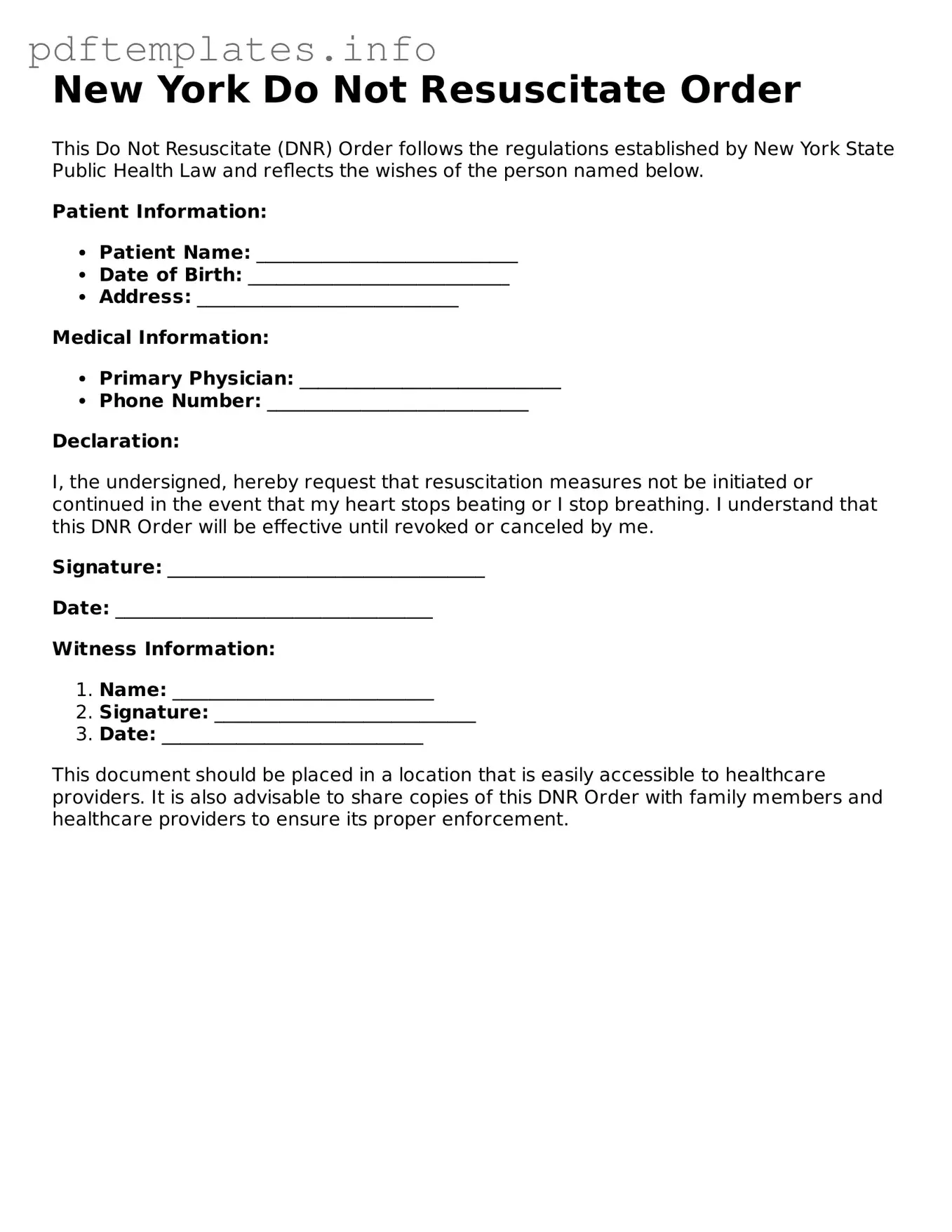 Blank Do Not Resuscitate Order Form for New York State
