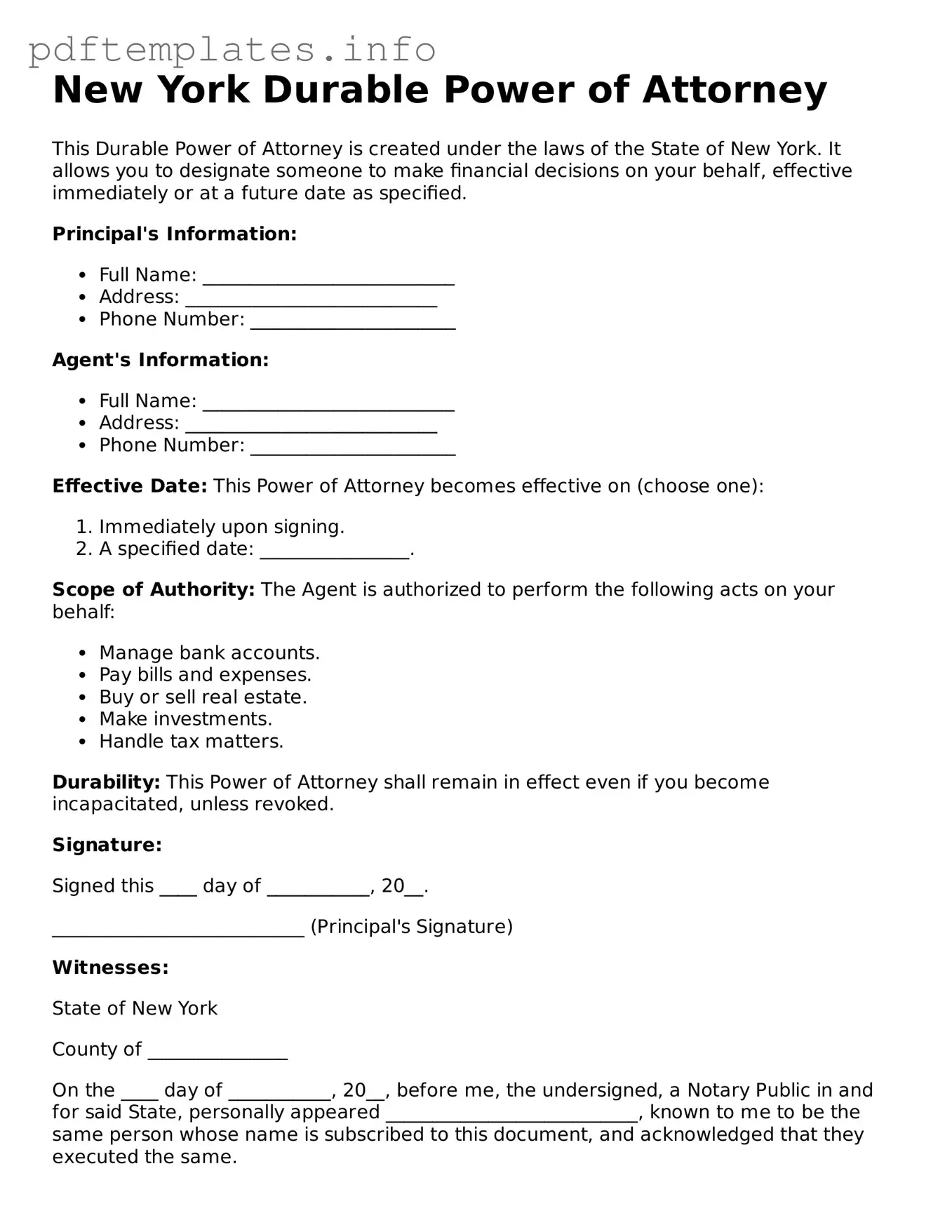 Blank Durable Power of Attorney Form for New York State