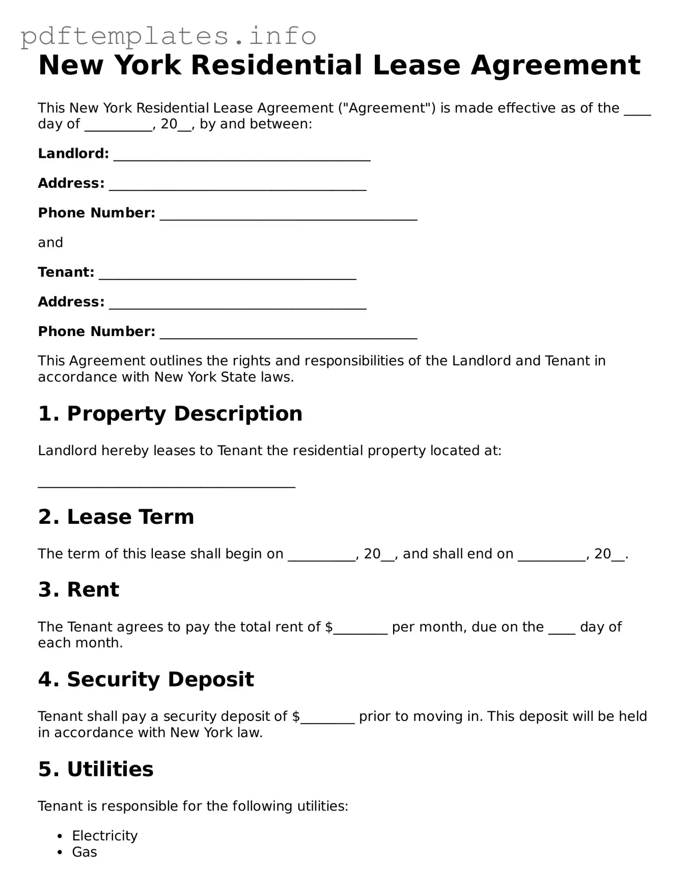 Blank Residential Lease Agreement Form for New York State