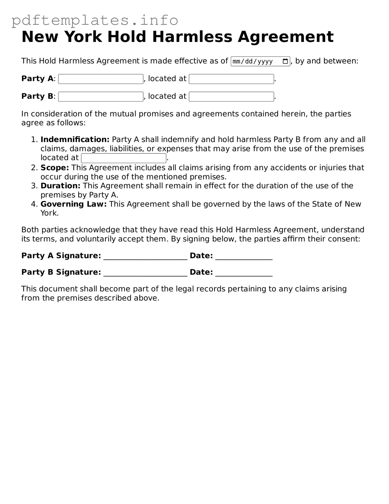 Blank Hold Harmless Agreement Form for New York State