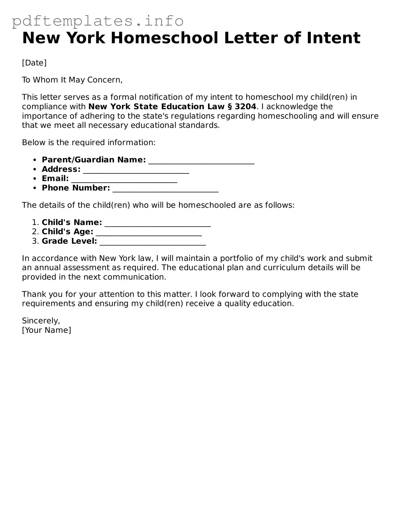 Blank Homeschool Letter of Intent Form for New York State
