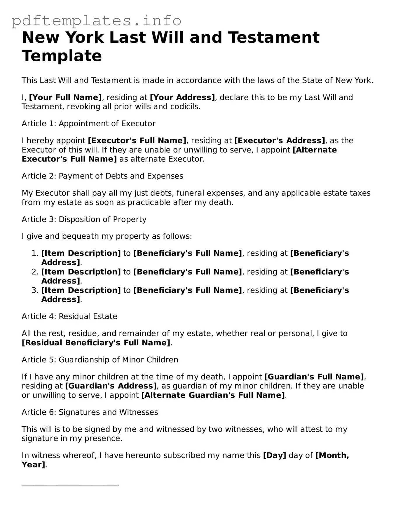 Blank Last Will and Testament Form for New York State