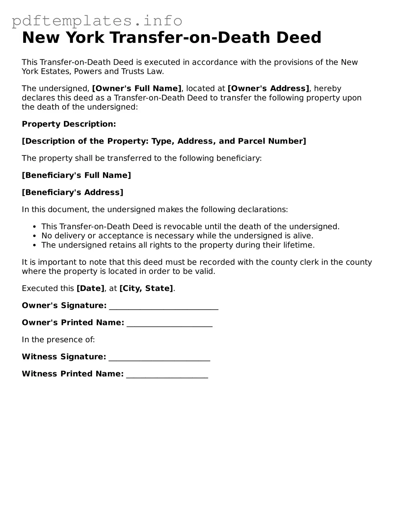 Blank Transfer-on-Death Deed Form for New York State