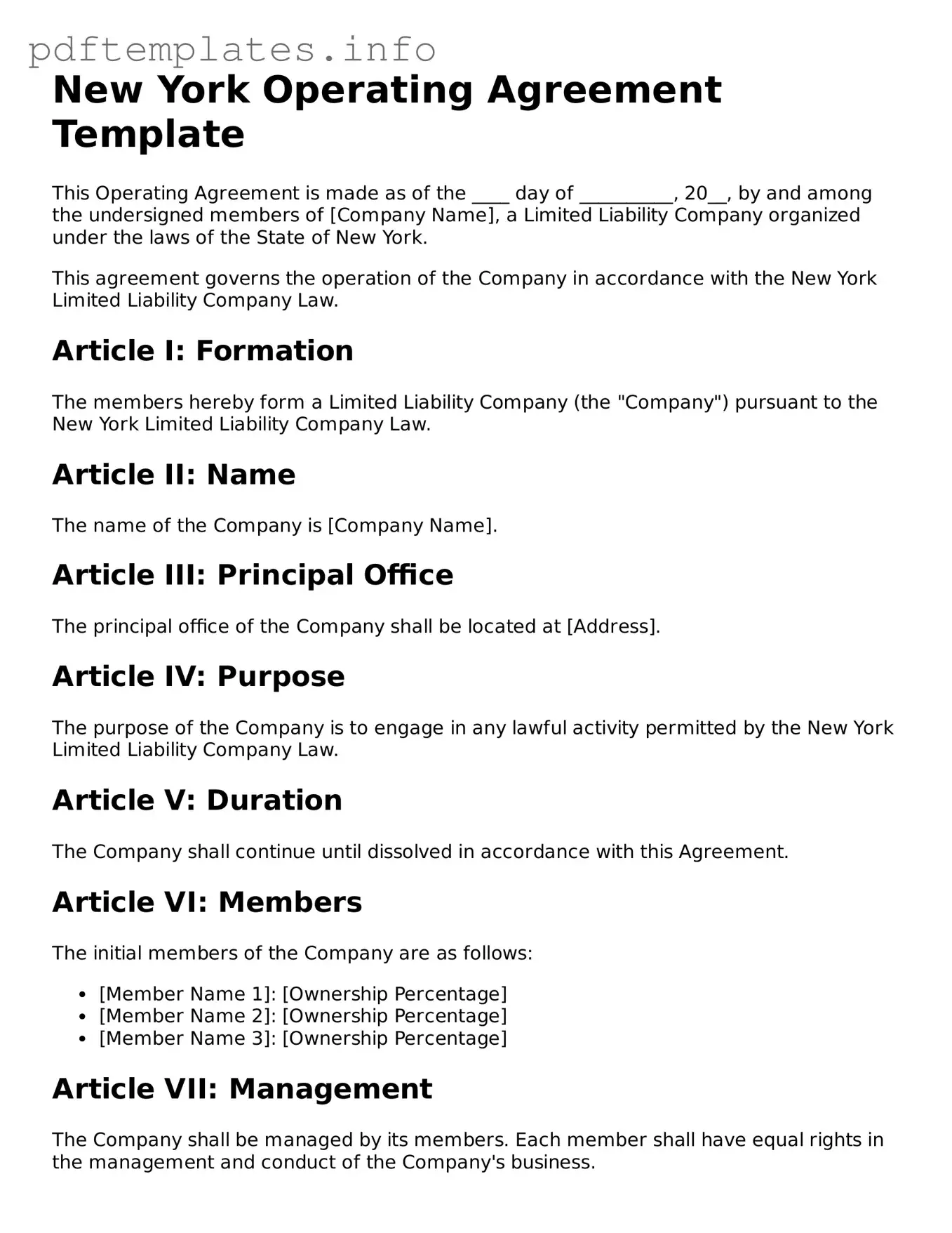Blank Operating Agreement Form for New York State
