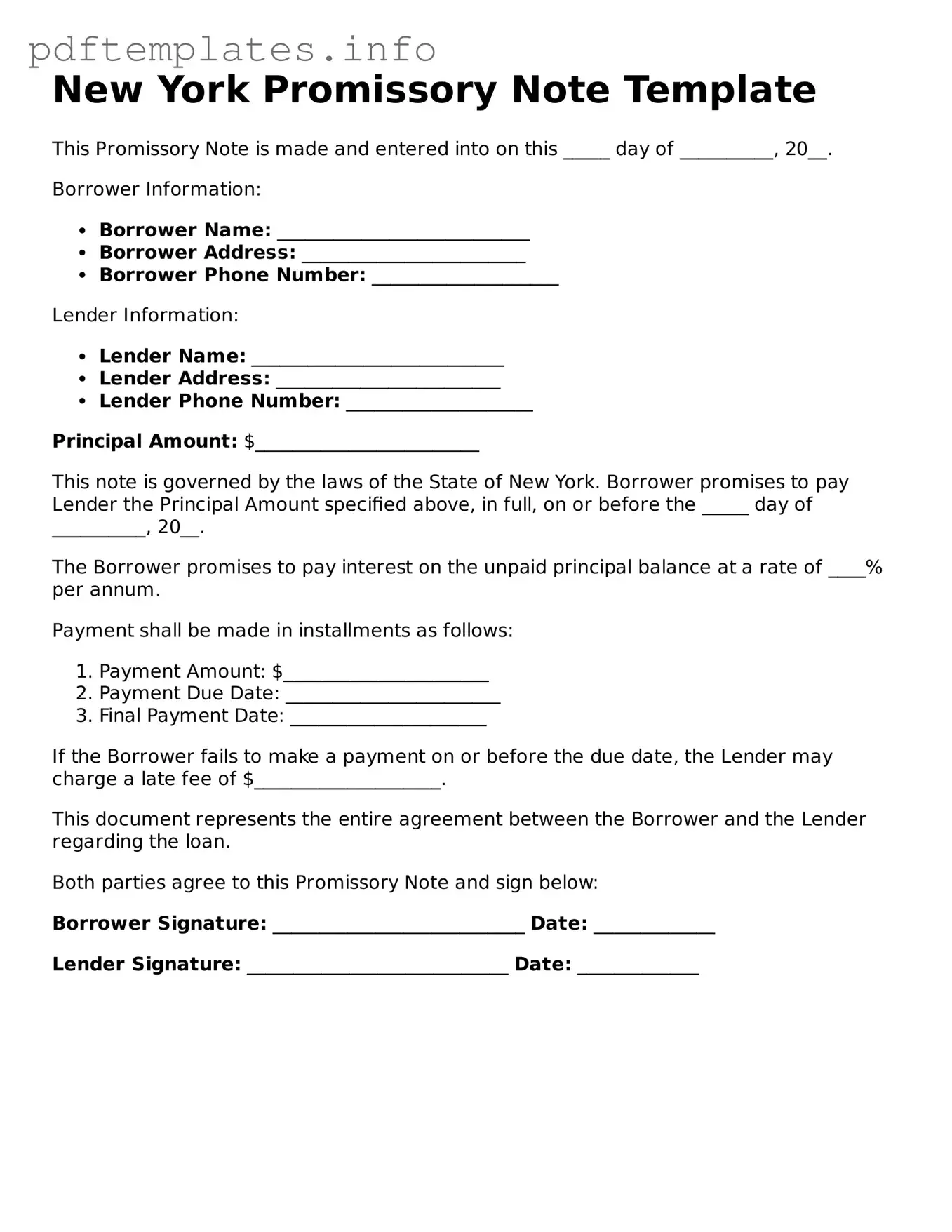 Blank Promissory Note Form for New York State