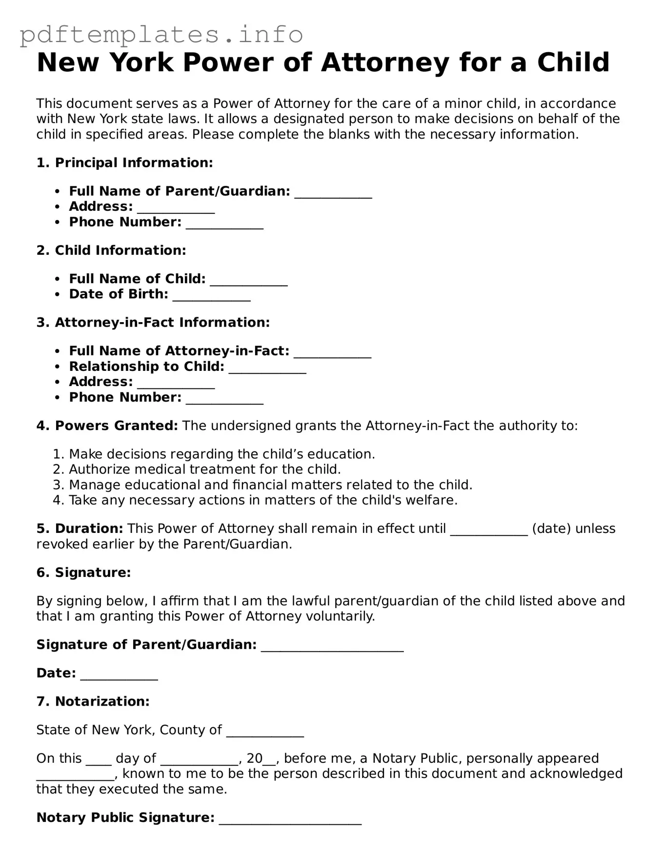 Blank Power of Attorney for a Child Form for New York State