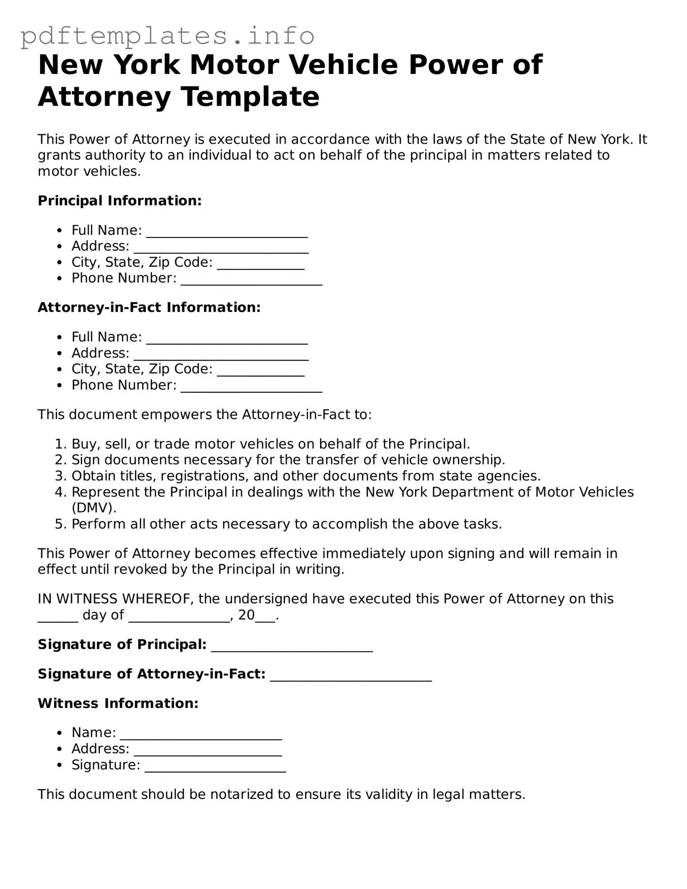 Blank Motor Vehicle Power of Attorney Form for New York State