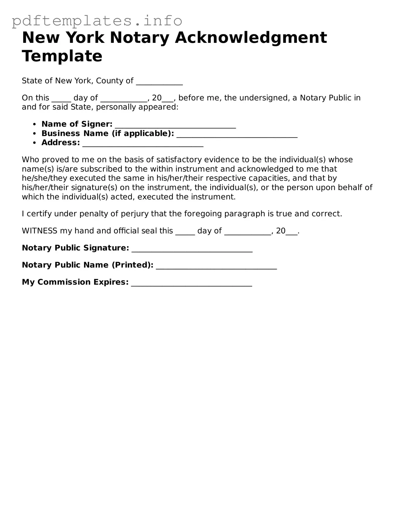 Blank Notary Acknowledgement Form for New York State