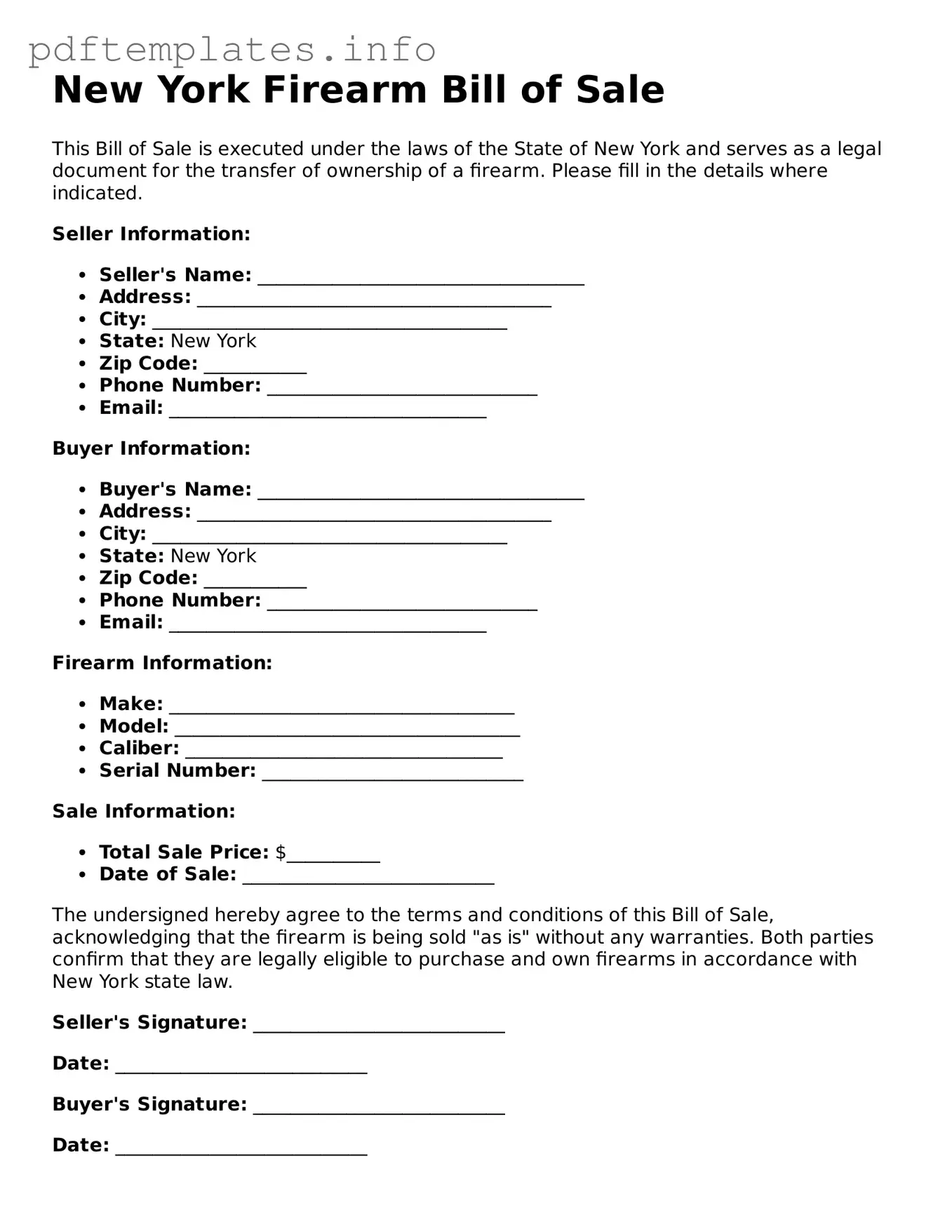 Blank Firearm Bill of Sale Form for New York State
