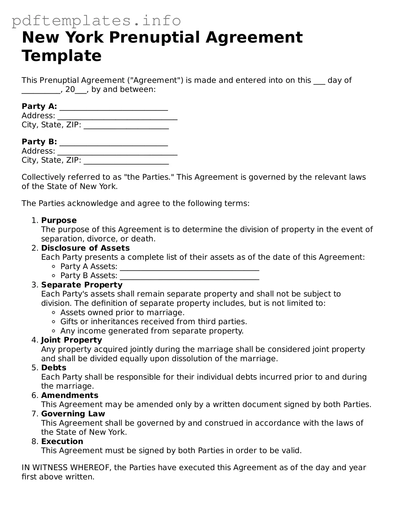 Blank Prenuptial Agreement Form for New York State